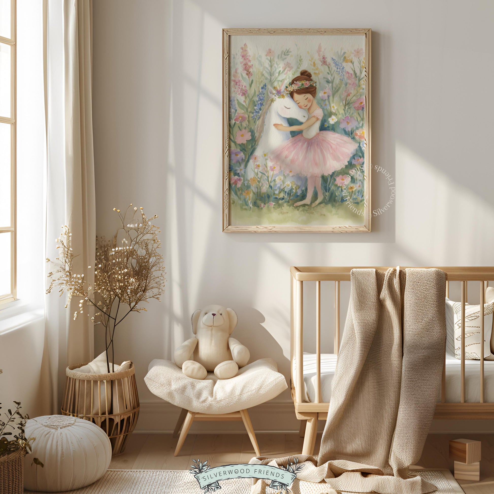 Lovely ballerina hugging a unicorn artwork for nursery — delightful watercolor style featuring muted pastel shades and warmth.