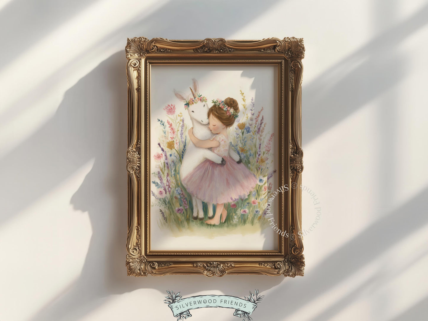Cute girl in tutu with a white unicorn wall art for playroom — soft colors and floral elements create a whimsical and loving ambiance.