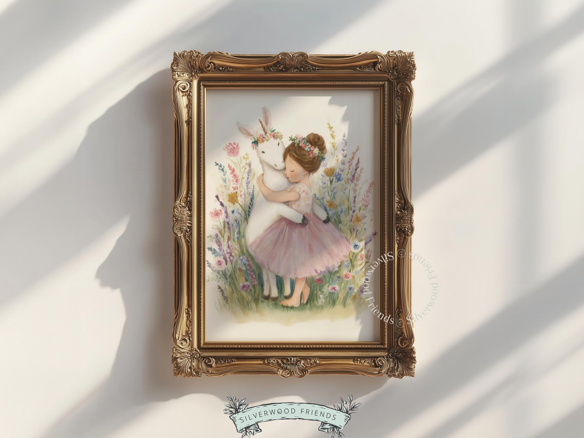 Cute girl in tutu with a white unicorn wall art for playroom — soft colors and floral elements create a whimsical and loving ambiance.