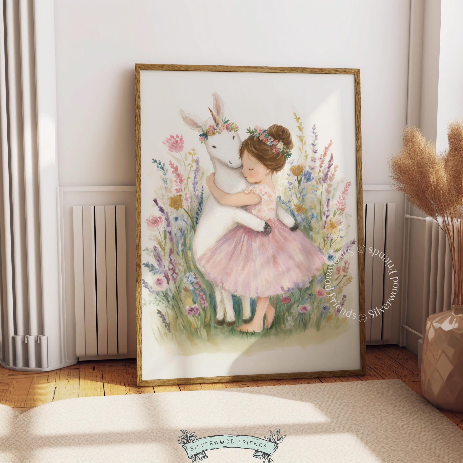 Magical unicorn and little girl printable art for nursery — tender hues and floral elements create a delightful, cozy atmosphere.
