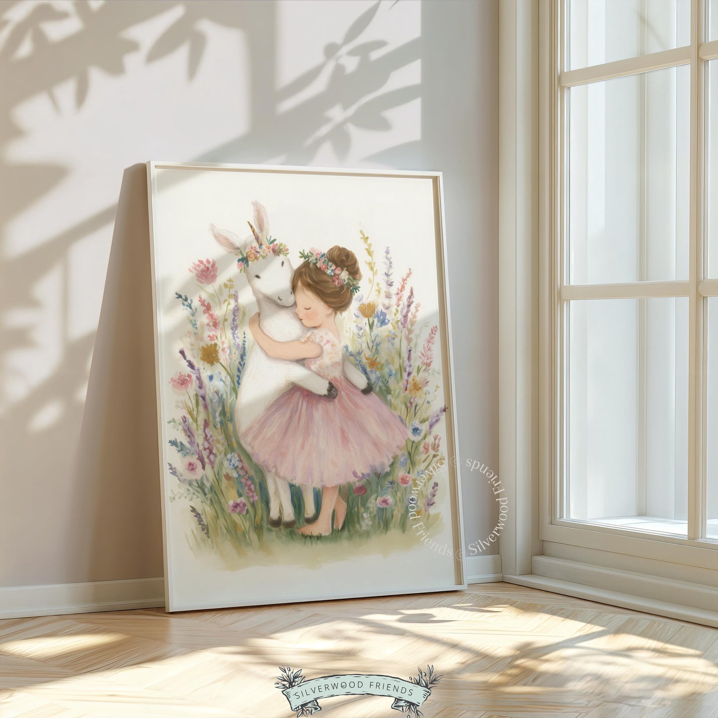 Pastel fantasy unicorn picture printable art for girl’s room — enchanting illustration surrounded by flowers, ideal for a fairytale setting.