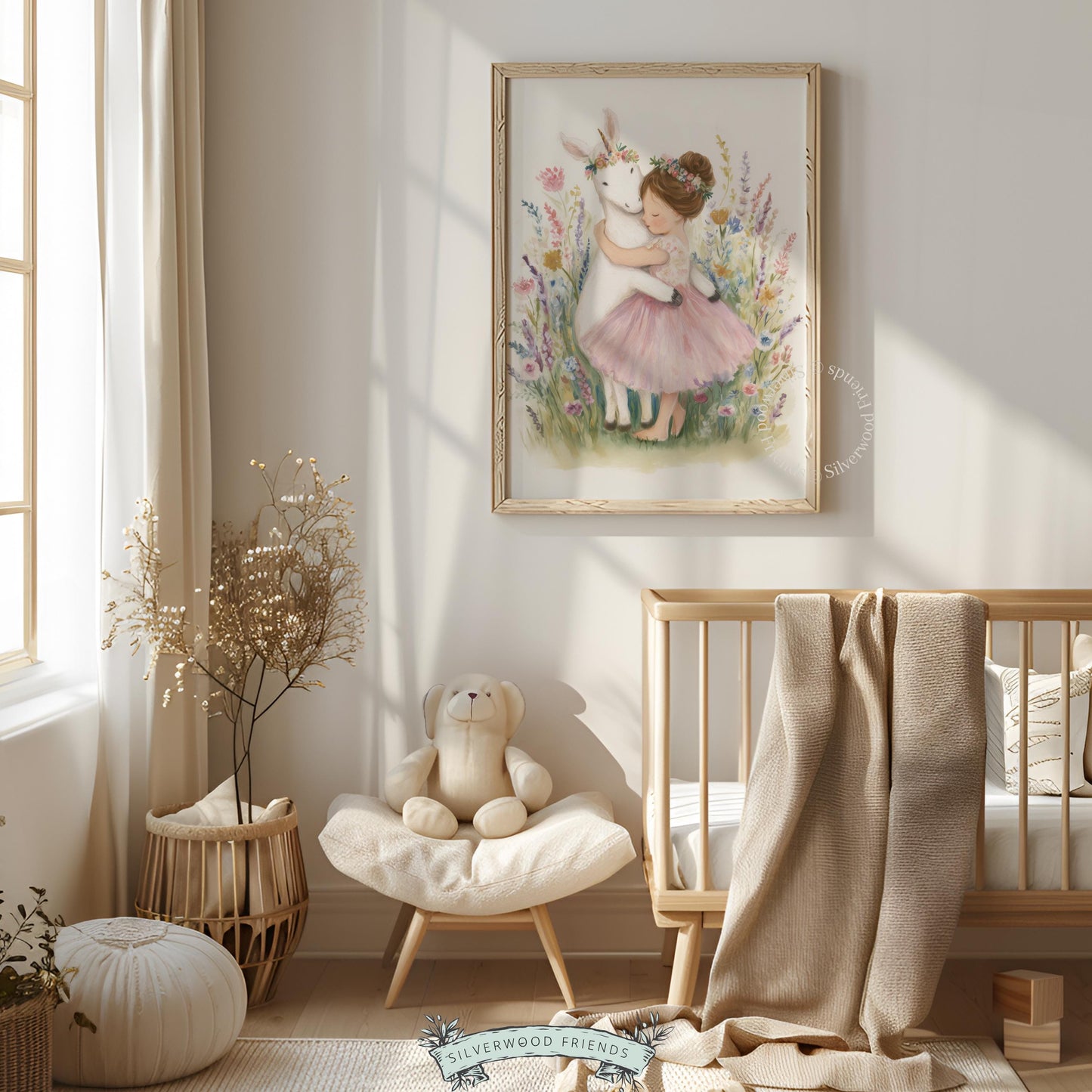 Adorable girl in pink tutu with unicorn poster for children's space — romantic, painterly details and wildflower accents in soft hues.