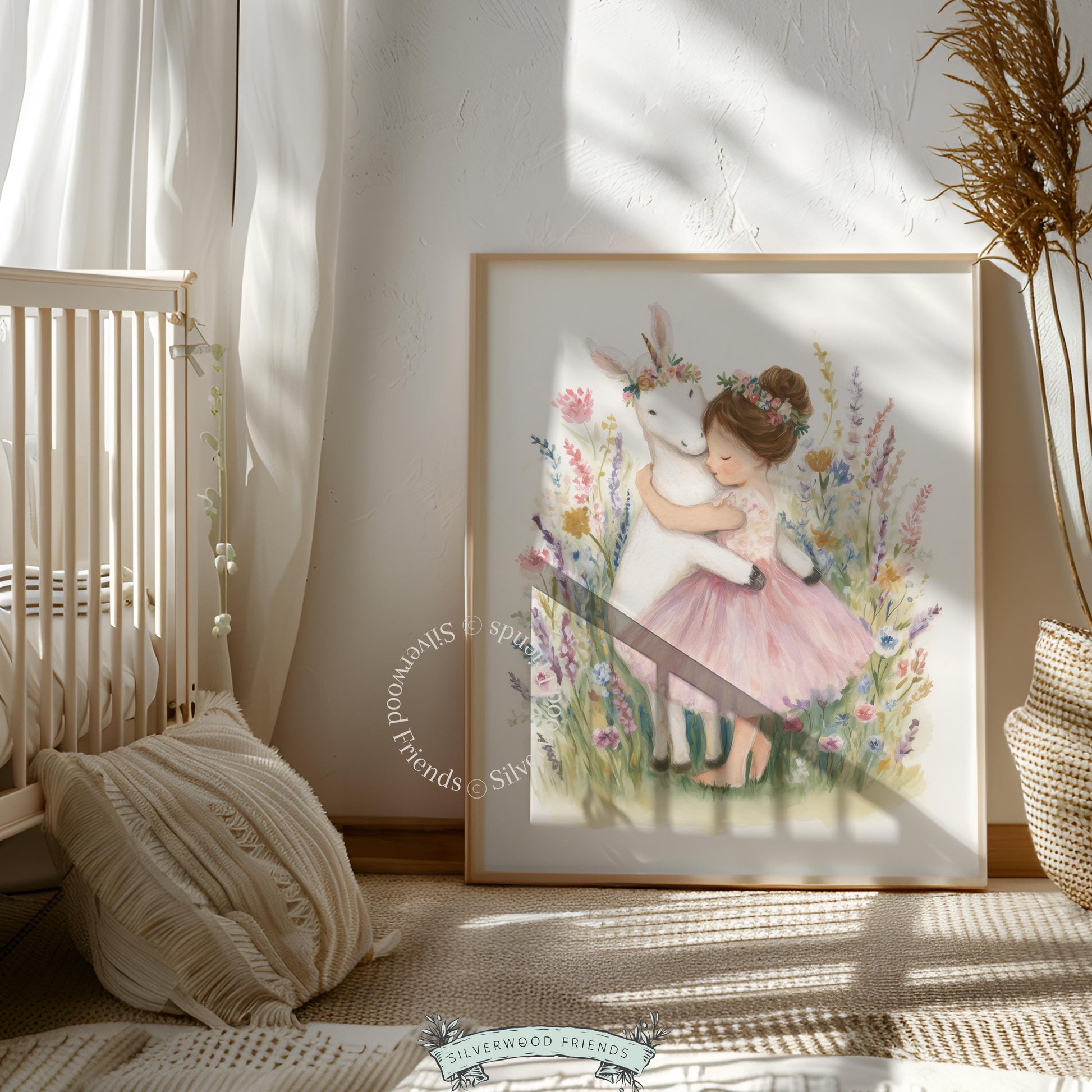 Cute girl embracing a unicorn digital artwork for children’s room — adorned with flowers, perfect for creating a soothing fantasy vibe.