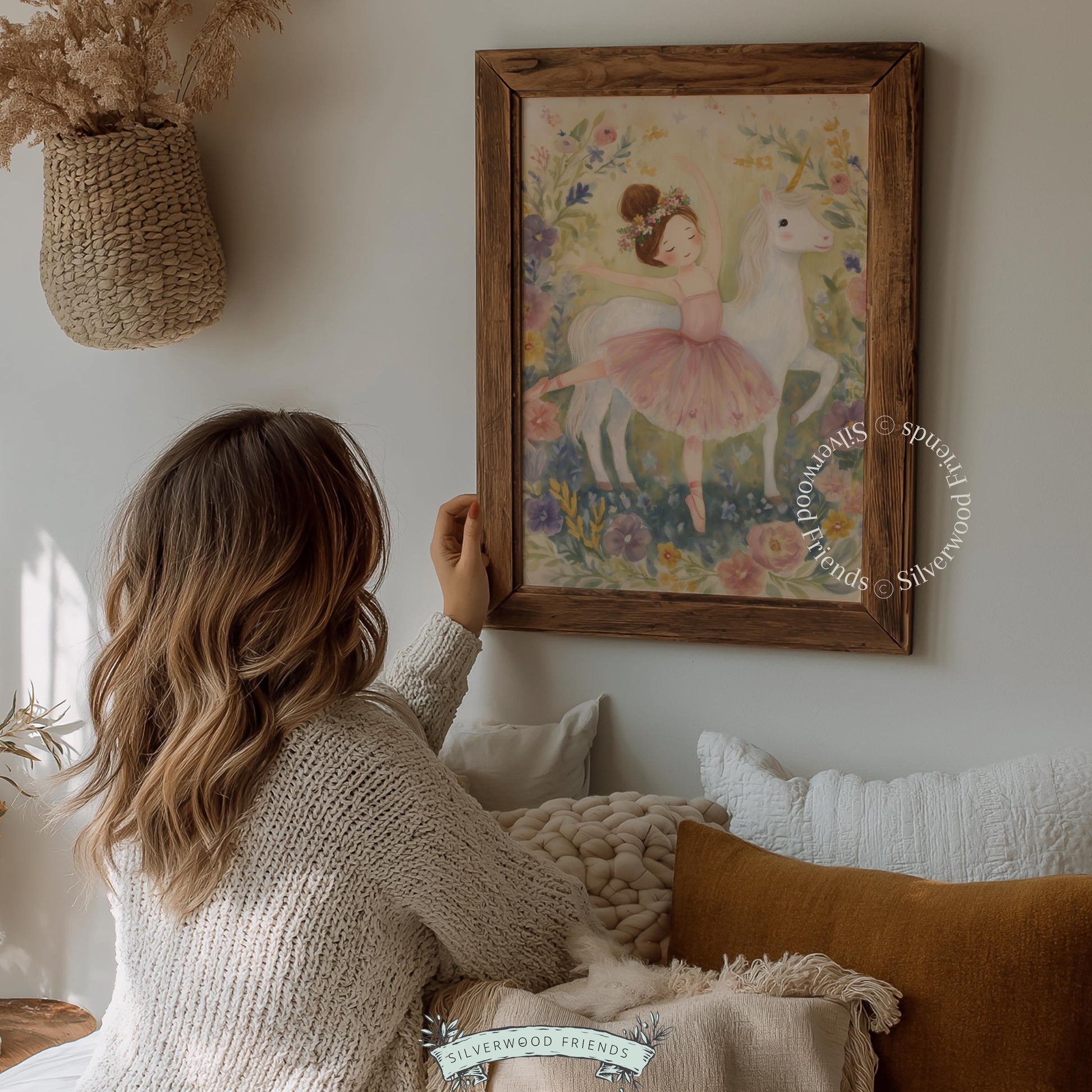 Magical ballet scene printable art for girl’s bedroom — watercolor illustration with gentle hues and lovely floral elements.