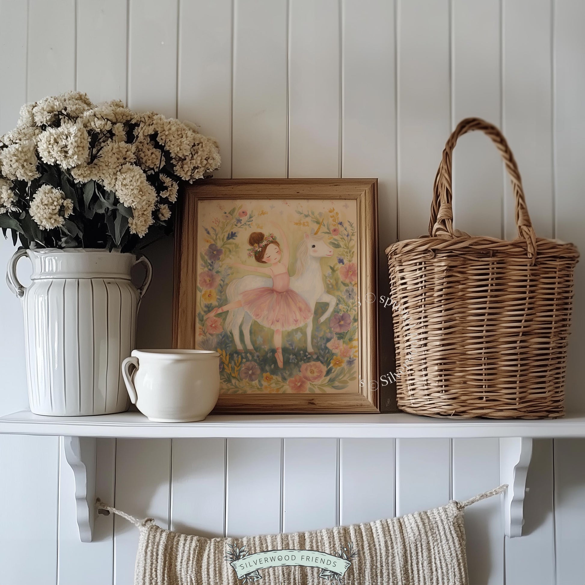Cute ballerina art print for nursery decor — dreamy illustration of a dancer and white unicorn in muted colors, surrounded by blossoms.