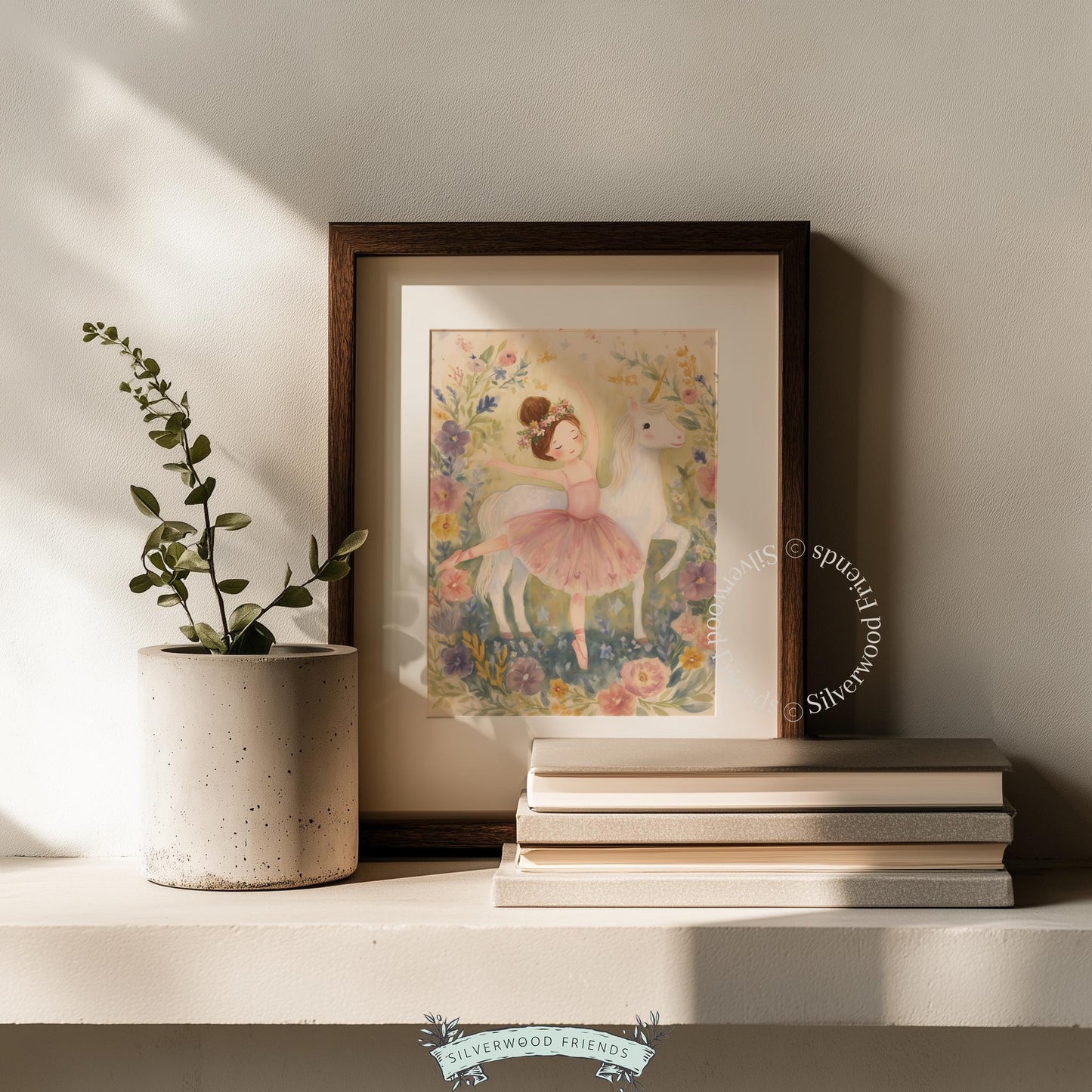 Delightful ballerina wall art for girls' bedroom — magical scene with gentle unicorn and pastel shades, perfect for children's decor.