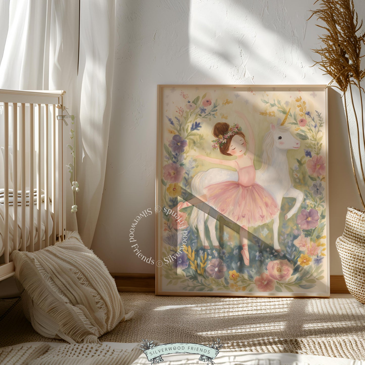 Young ballerina dancing beside a unicorn wall art for nursery — soft watercolor illustration with delicate pastel colors and whimsical charm.