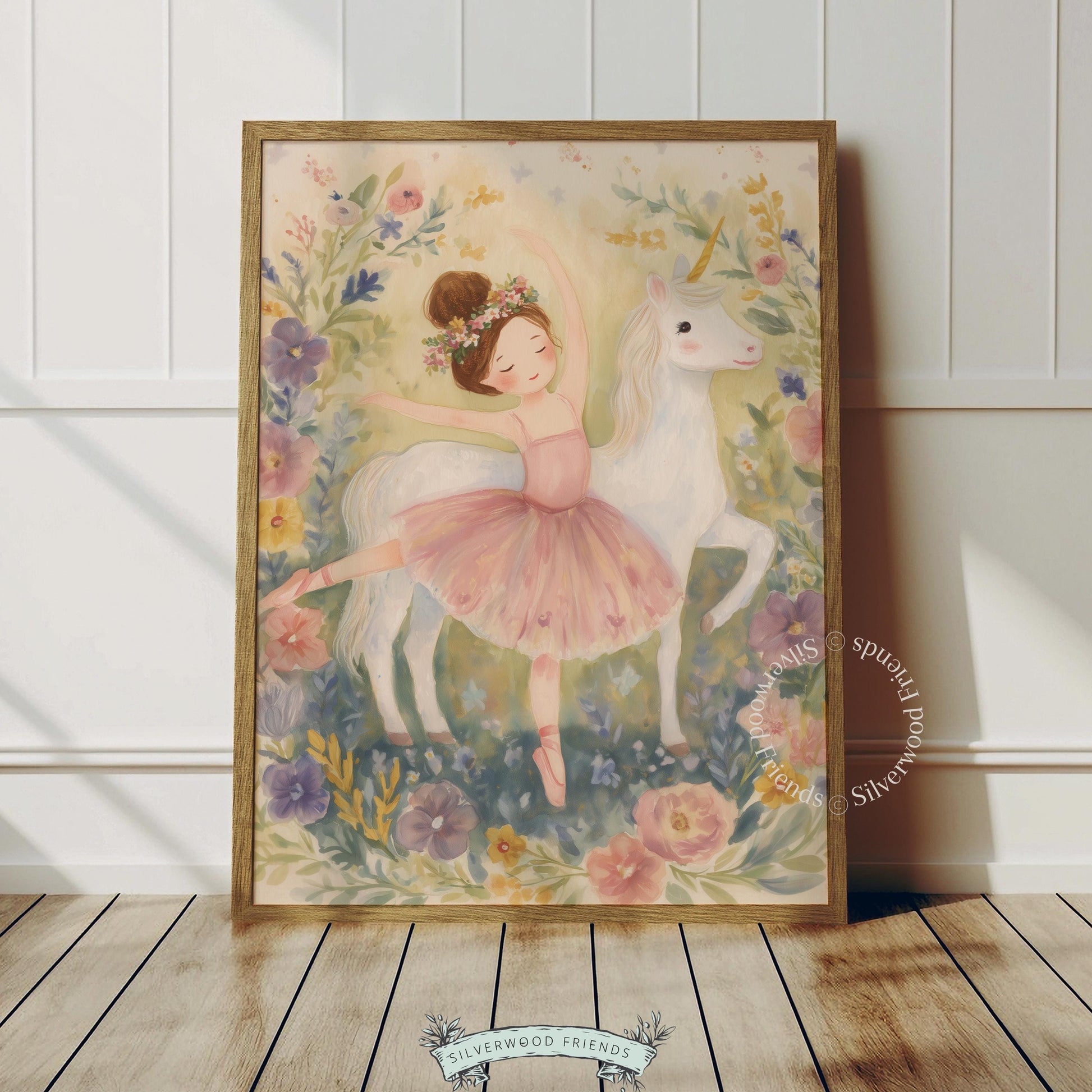 Watercolor wall art of a dancer and unicorn for nursery decor — blending soft colors and floral motifs to evoke a dreamy atmosphere.