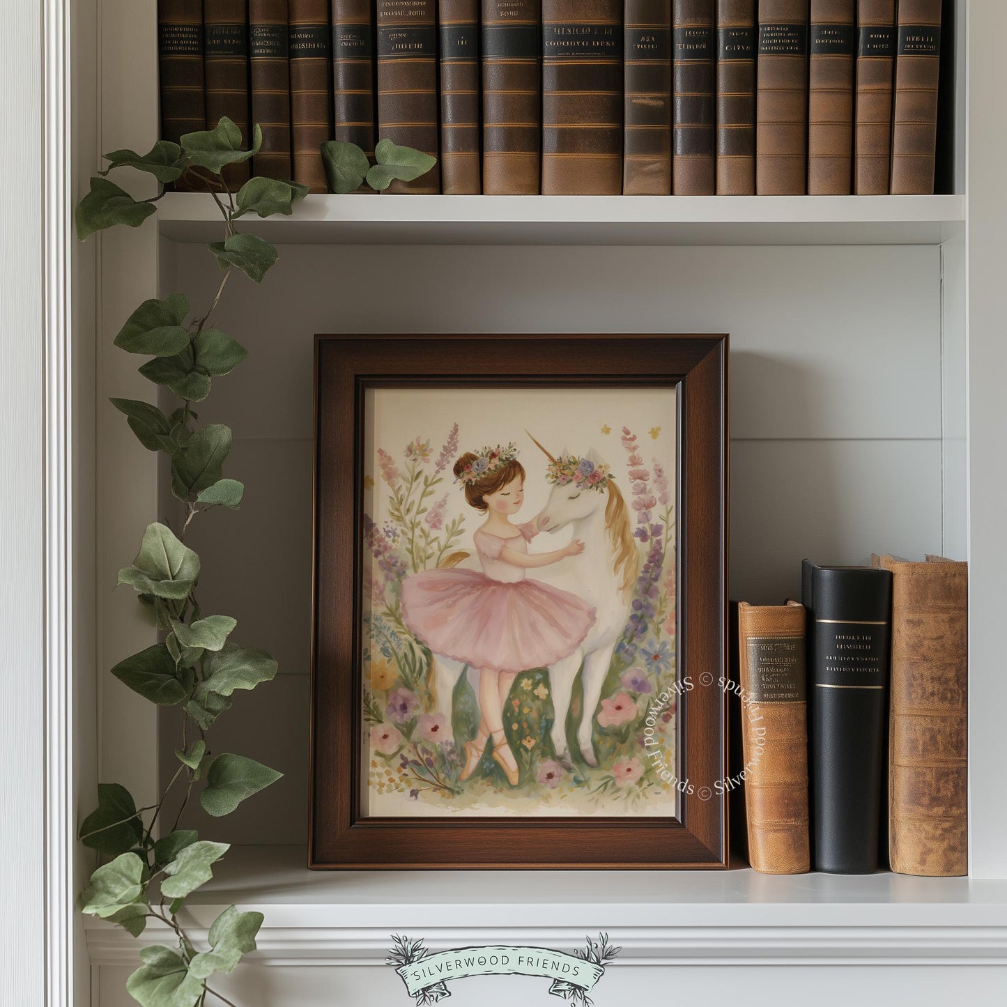 Enchanting ballerina and unicorn printable art for toddler's bedroom — lush flowers and butterflies in a soft palette.