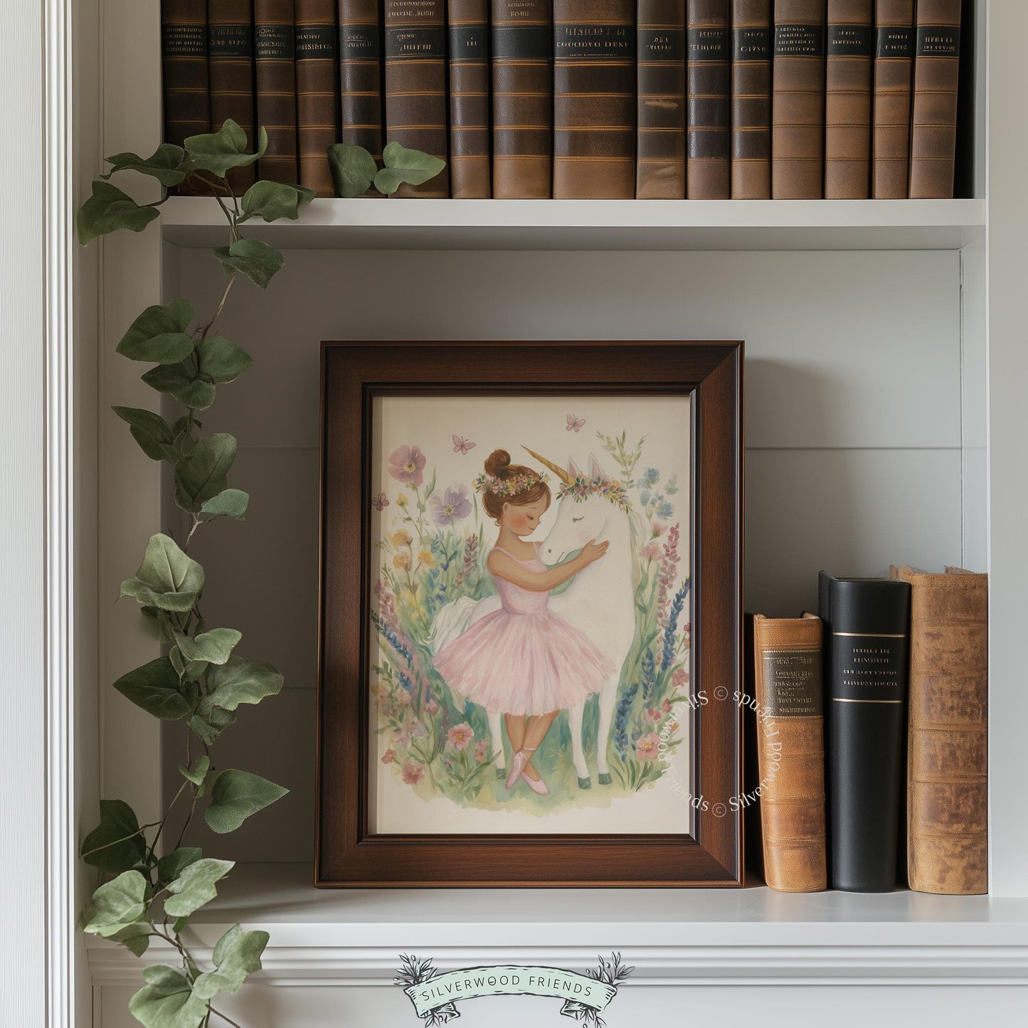 Tiny ballerina embracing a unicorn painting for nursery — charming artwork with delicate flowers, perfect for little ones.