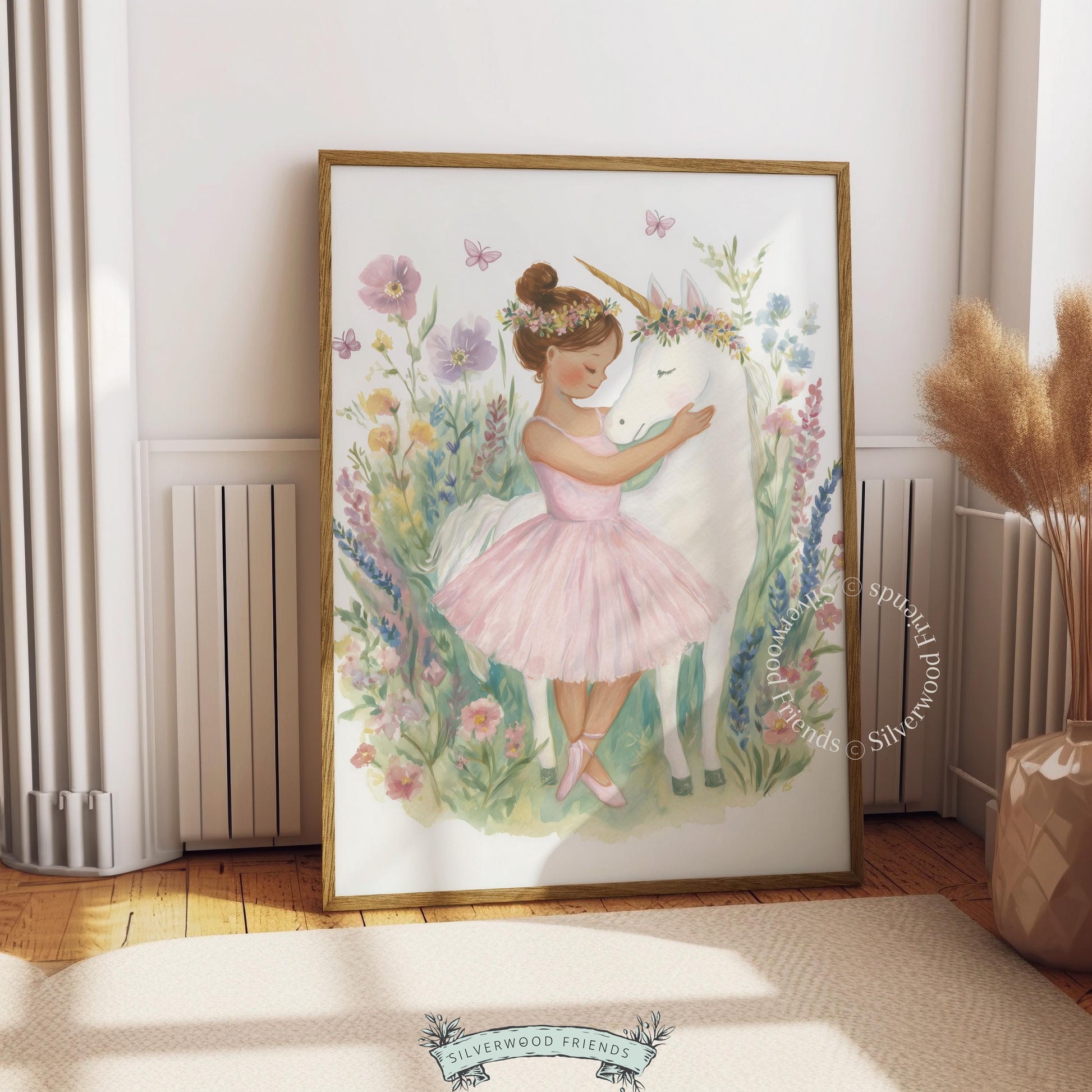 Ballet-themed digital download featuring a girl with a unicorn for playroom — enchanting illustration with soft, pastel colors.