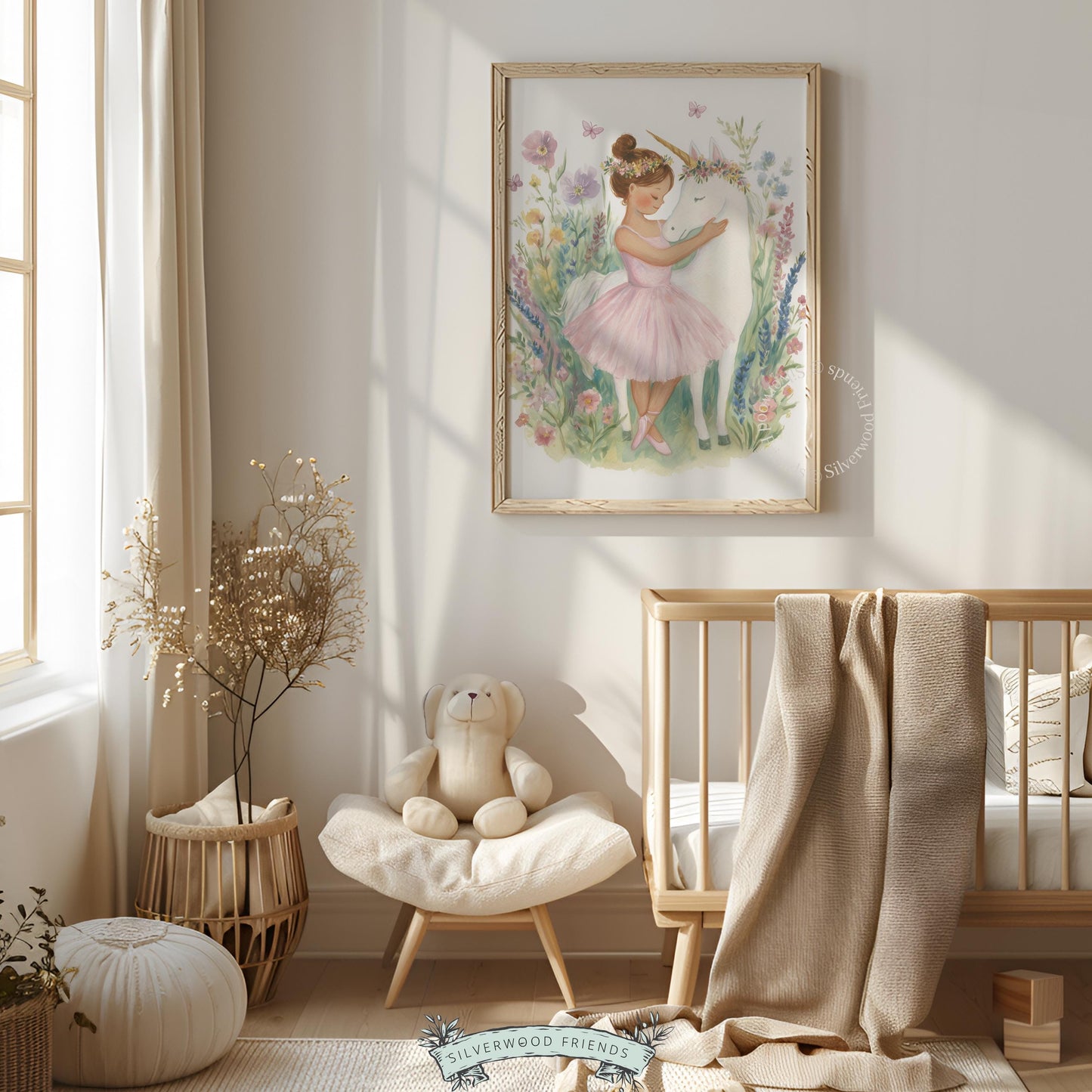 Dancer with unicorn printable art for play area — sweet and soft artwork surrounded by pastel wildflowers, ideal for kids.