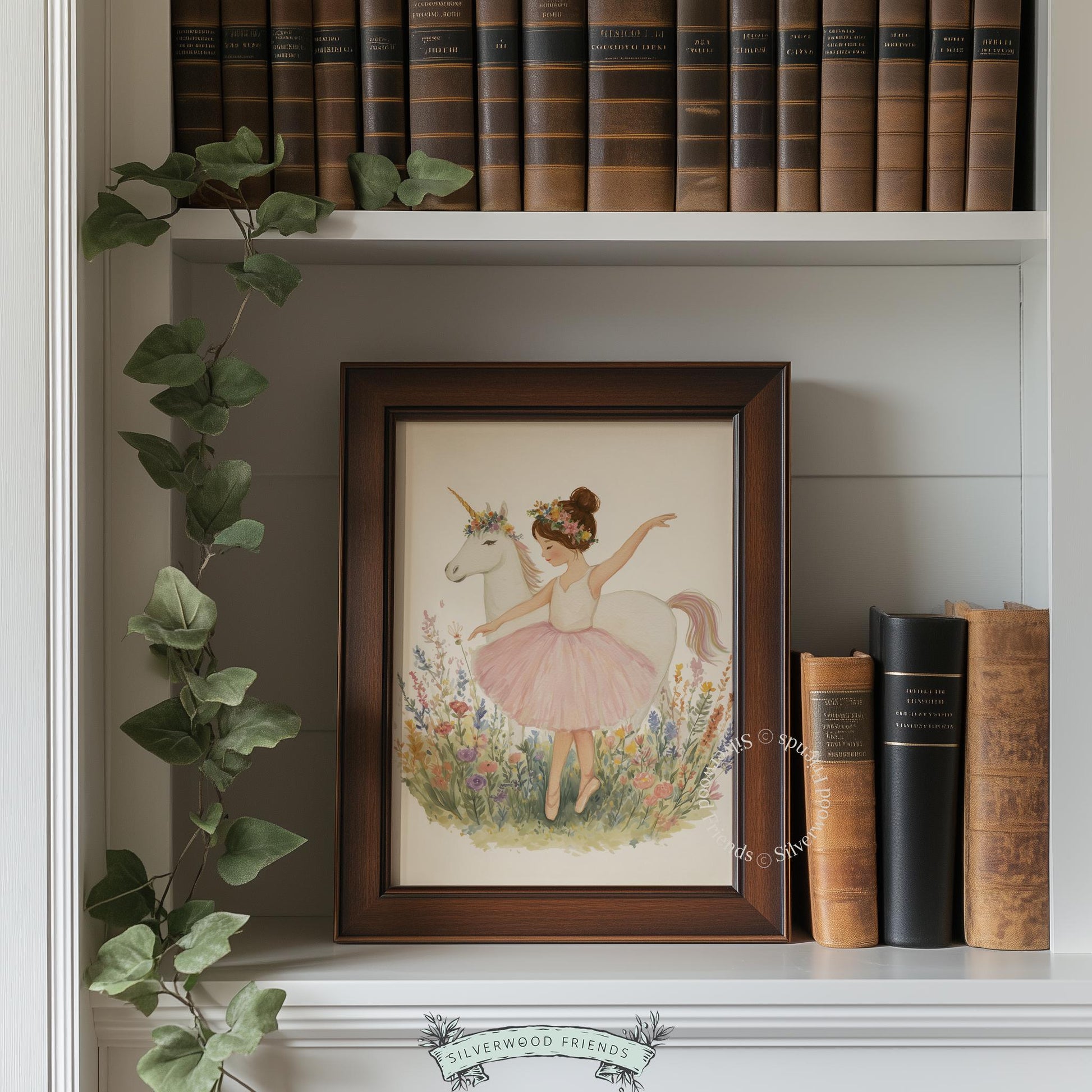 Whimsical ballerina and unicorn artwork for toddler room — serene watercolor illustration showcasing soft colors and floral accents.