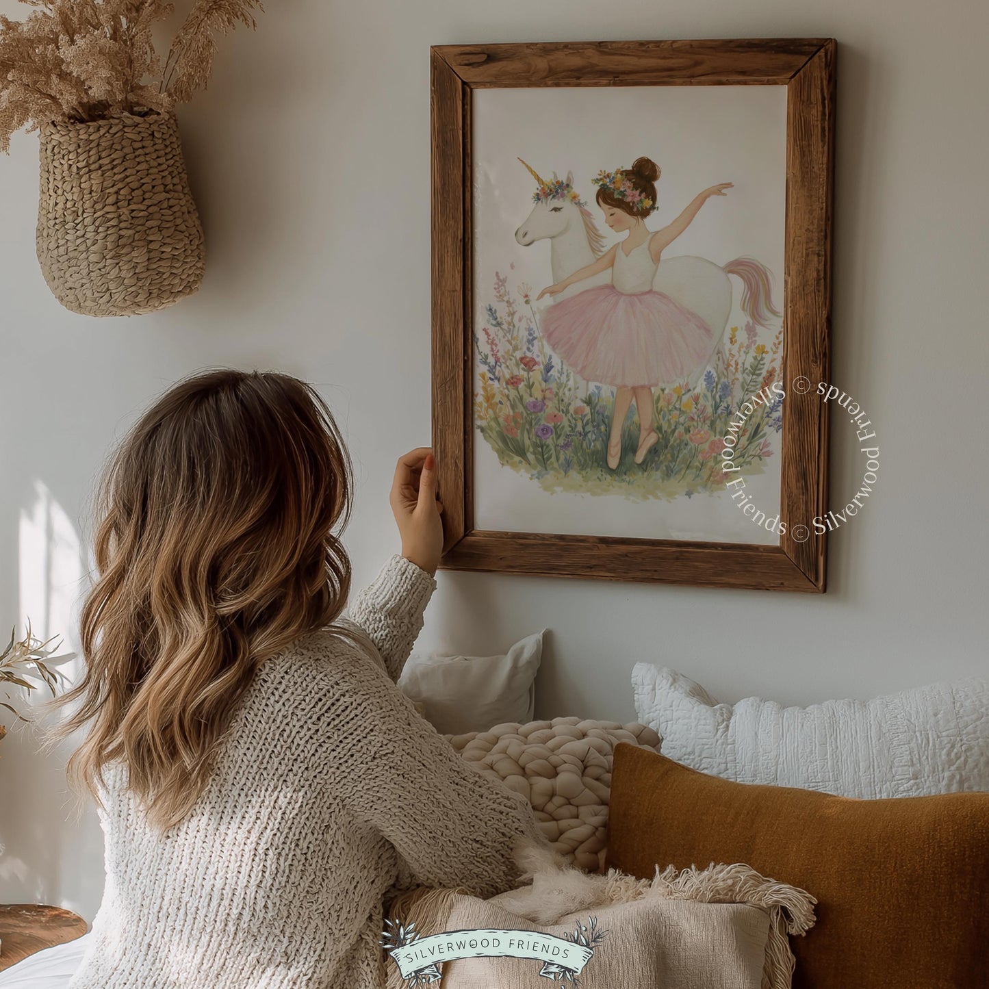 Enchanted ballerina and unicorn wall decor for children — magical watercolor scene featuring pastel shades and wildflower grace.