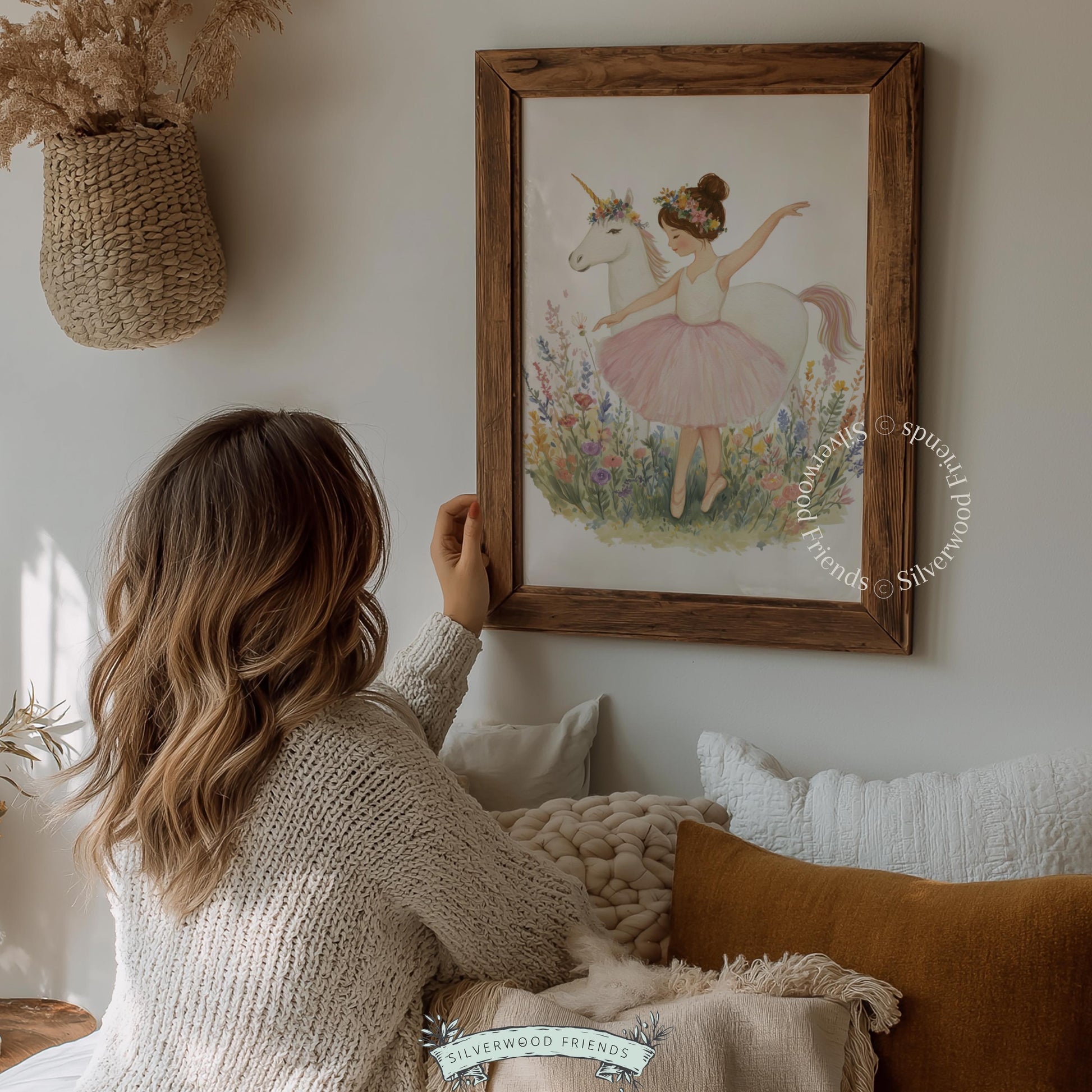 Enchanted ballerina and unicorn wall decor for children — magical watercolor scene featuring pastel shades and wildflower grace.