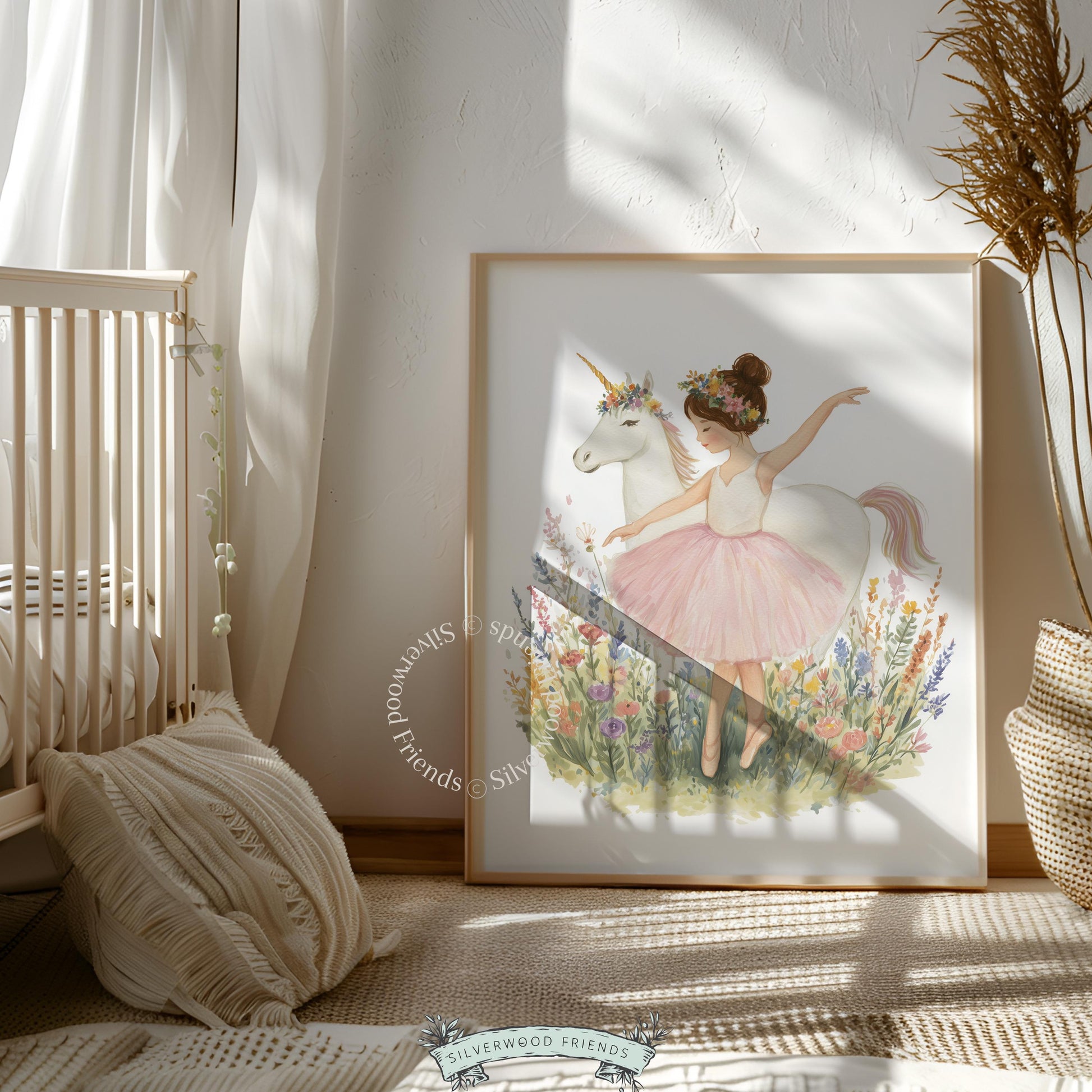 Graceful dancer with unicorn painting for playroom — soft watercolor illustration creates an enchanting, dream-filled environment.