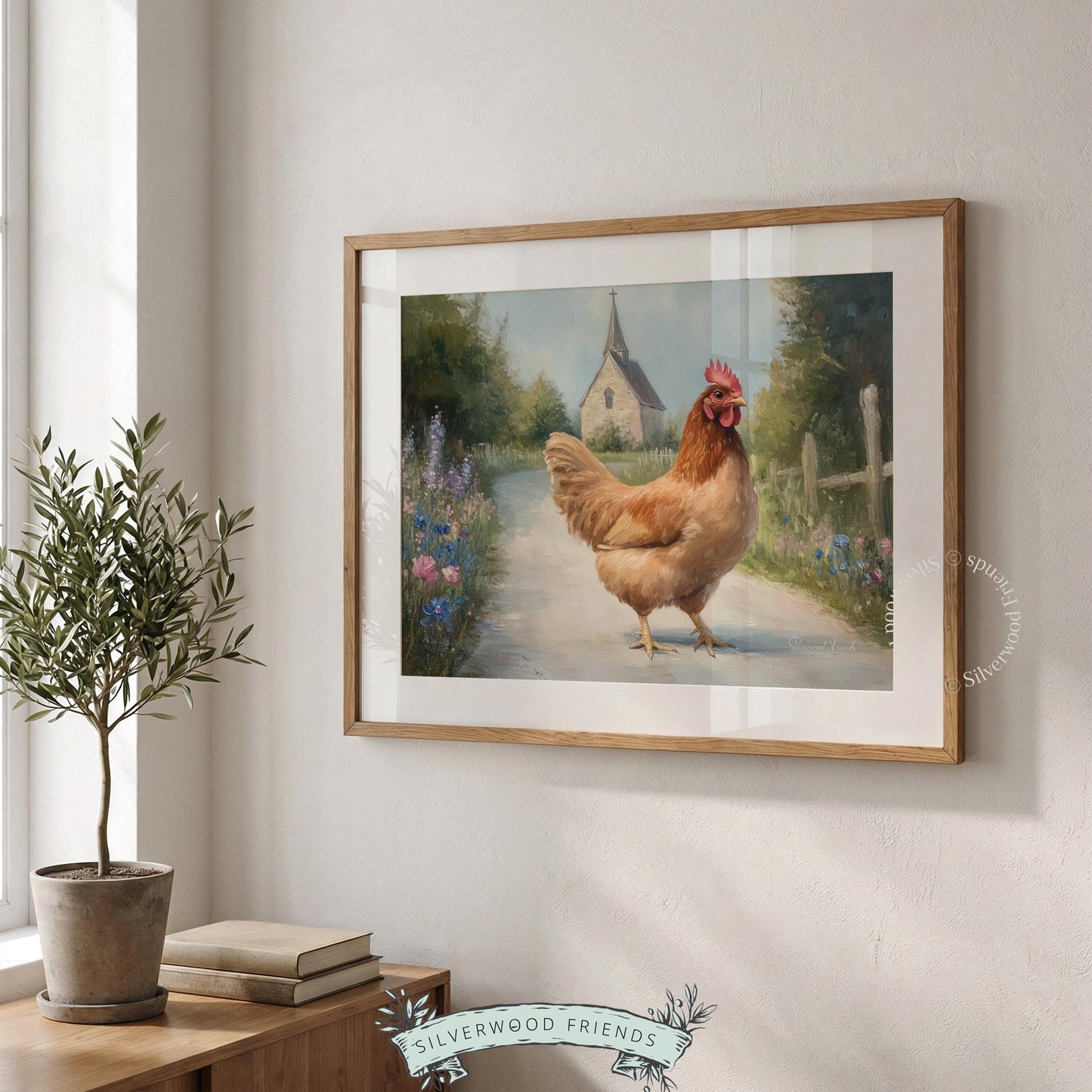 Plump hen art print for entryway — vintage aesthetic capturing a sunlit path with a distant chapel and lush greenery.