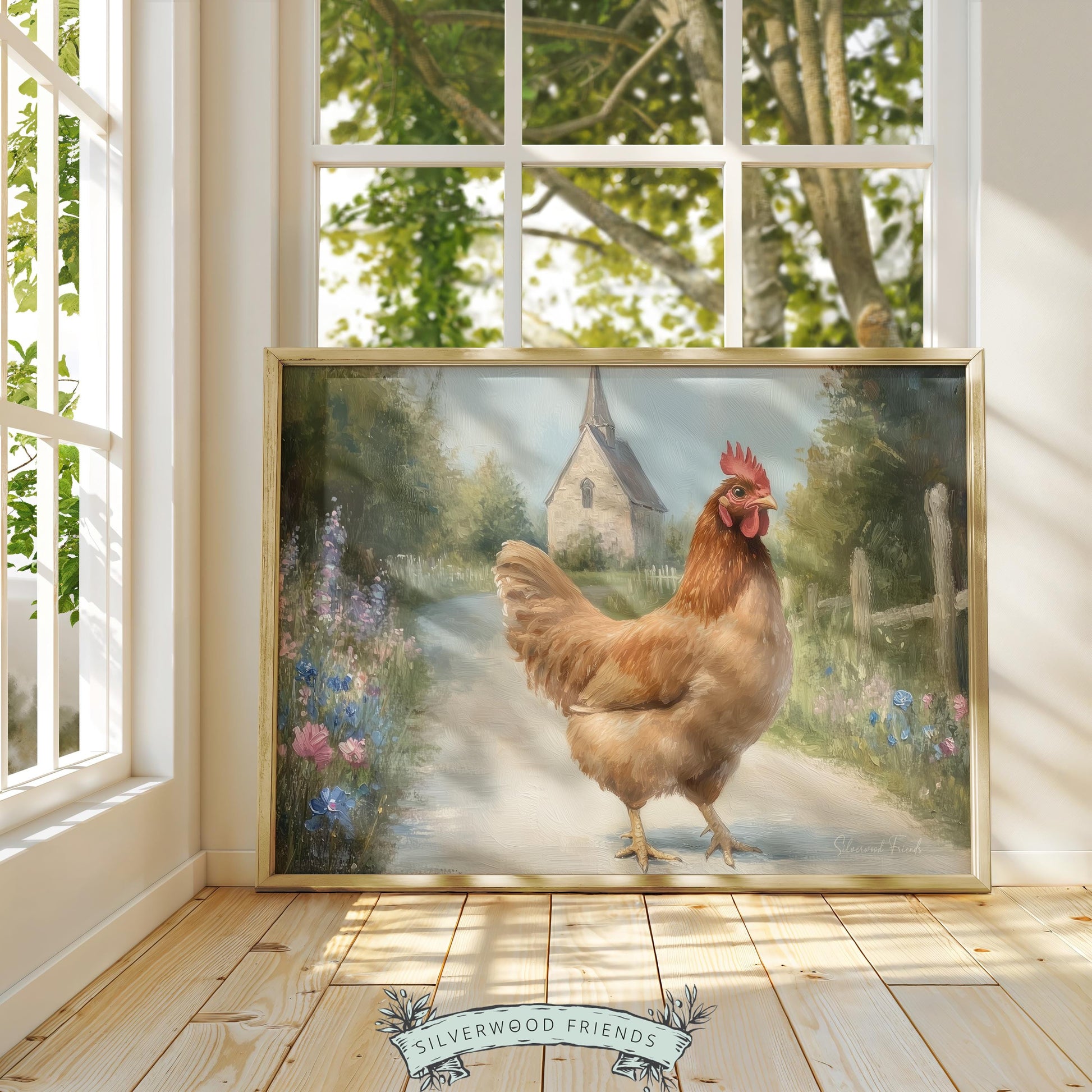 Vintage oil painting of a hen for dining space — inviting artwork complementing a farmhouse theme with detailed country elements.