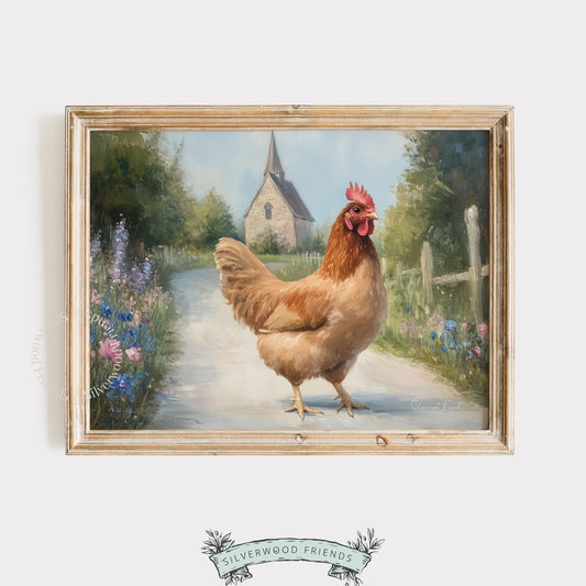 Hen and path artwork for gallery wall — tranquil oil painting bringing a rustic, homey feel to any cottagecore-inspired room.