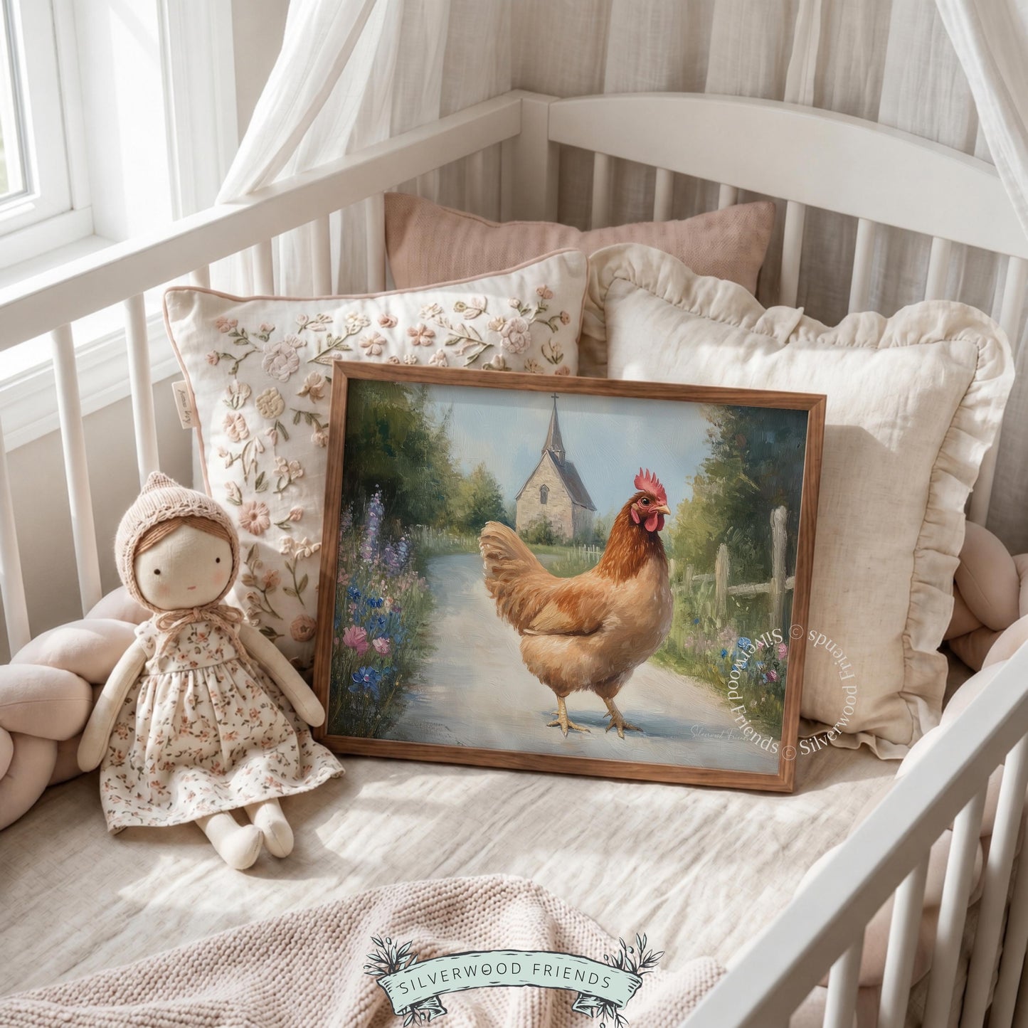 Farmhouse chicken poster for dining room — pastoral artwork featuring a serene rural landscape and soft brushwork details.