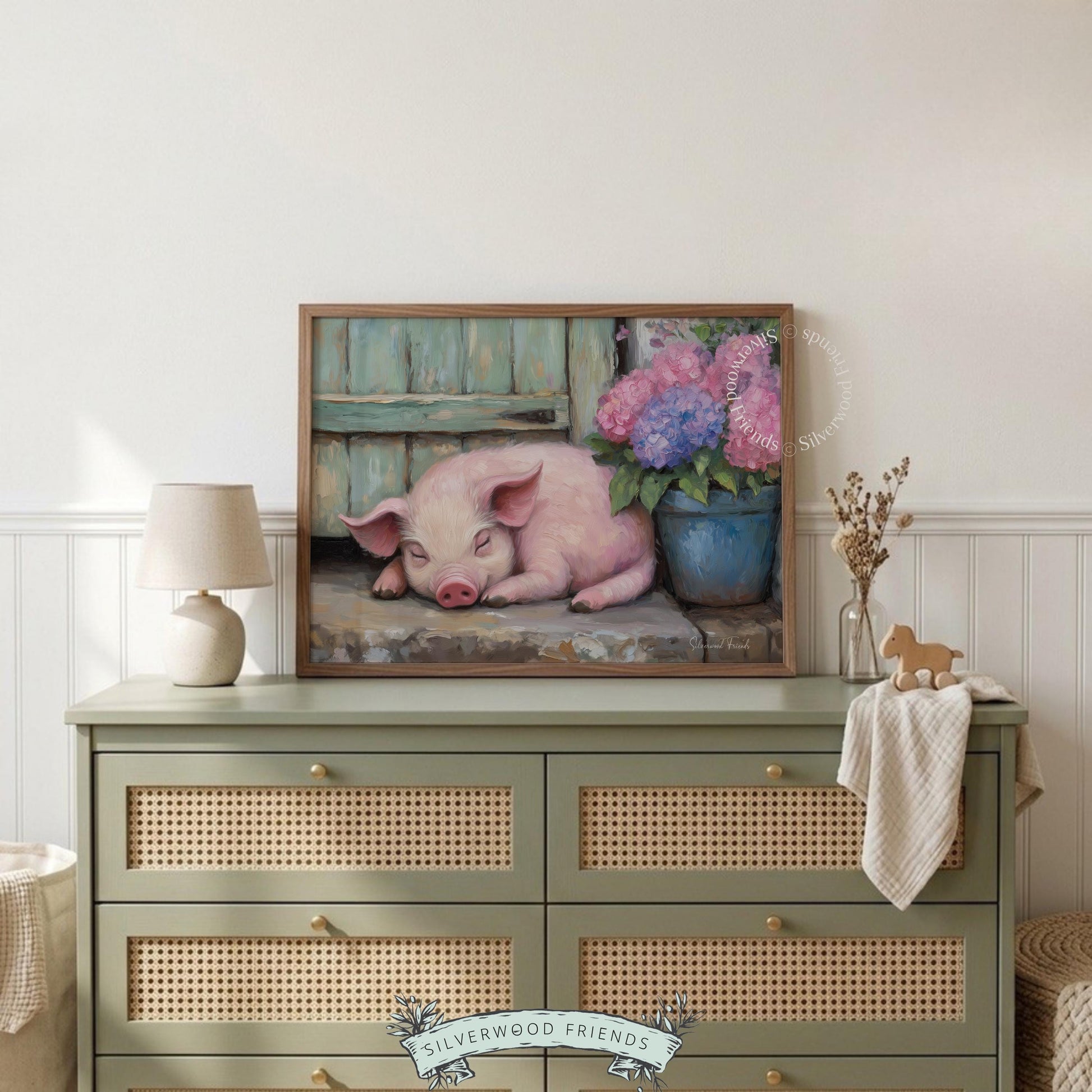 Charming pink pig wall art for living space — realistic details with cozy soft pastels and floral elements add rustic warmth.