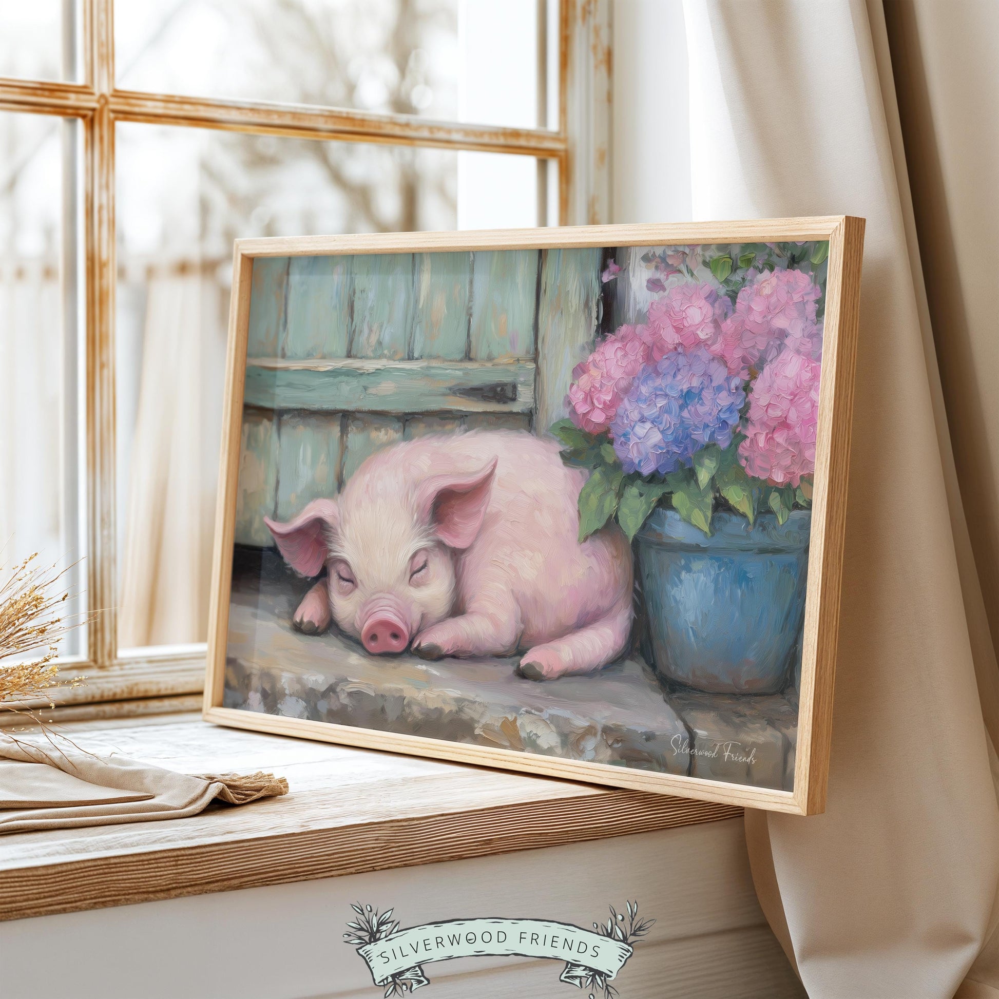 Farm animal picture printable art for toddler room — lovely illustration of a pink piglet with soft backgrounds in a rustic setting.