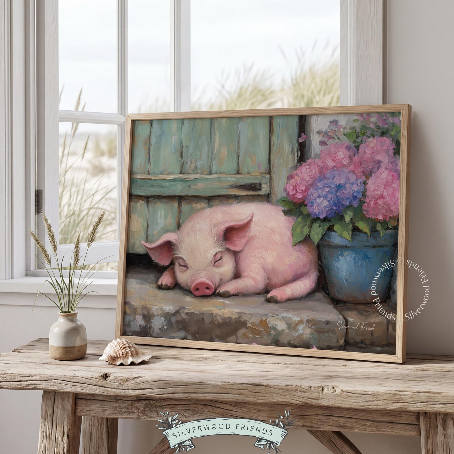Sweet sleeping pig digital download for children's space — warm colors and gentle details evoke a rustic and delightful atmosphere.