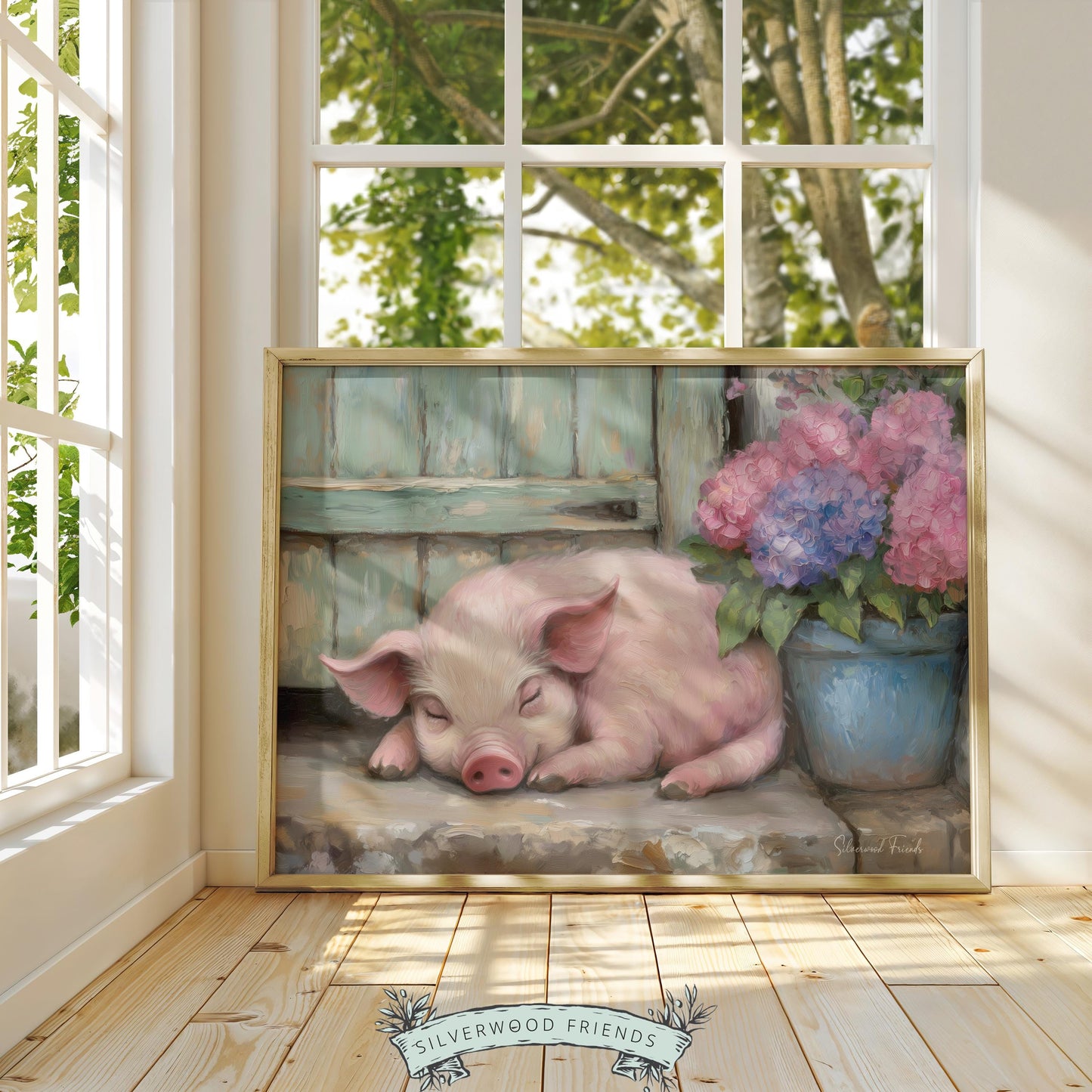 Rustic piglet oil painting for kitchen — cute curled-up pig resting on a stone step framed by a weathered door and lush hydrangeas.