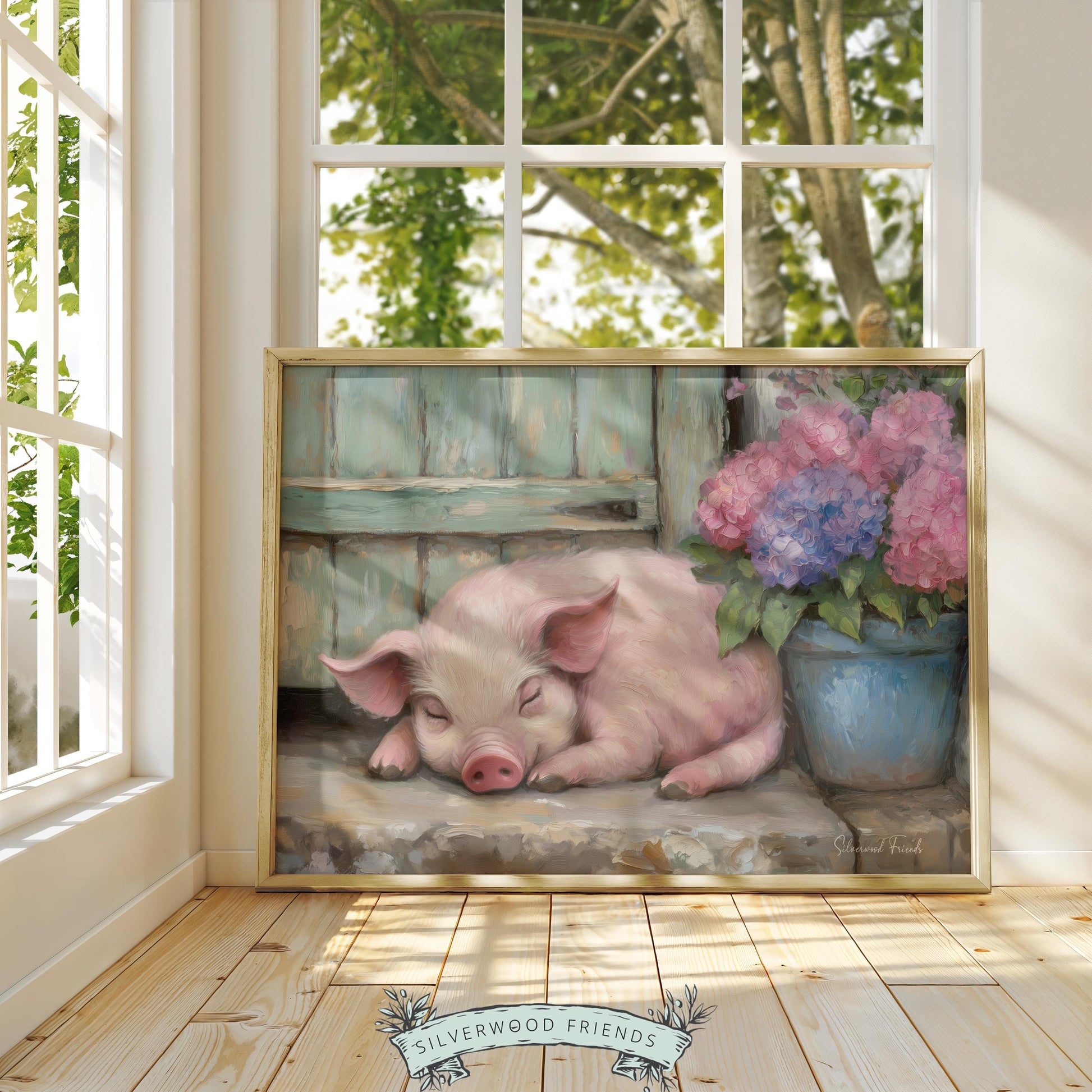 Rustic piglet oil painting for kitchen — cute curled-up pig resting on a stone step framed by a weathered door and lush hydrangeas.