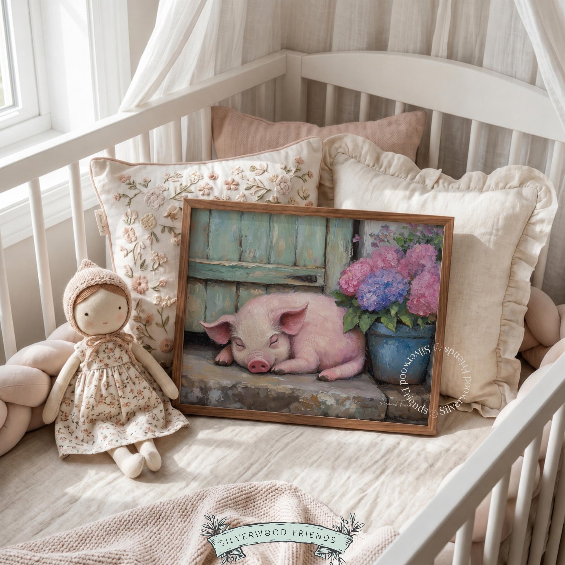 Charming pink piglet artwork for guest room — beautifully painted with delicate pastels creating a relaxed farmhouse charm.