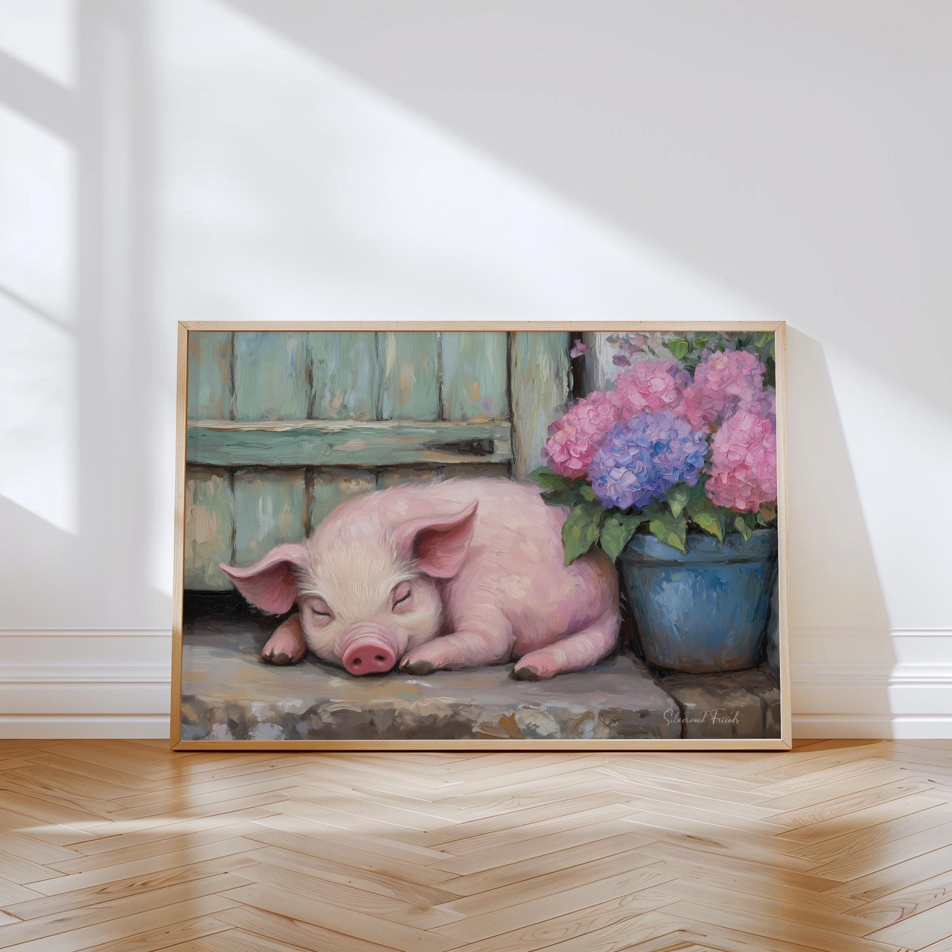 Adorable sleeping pig wall art for nursery — painterly style with soft hues creating a welcoming and cozy pastoral scene.