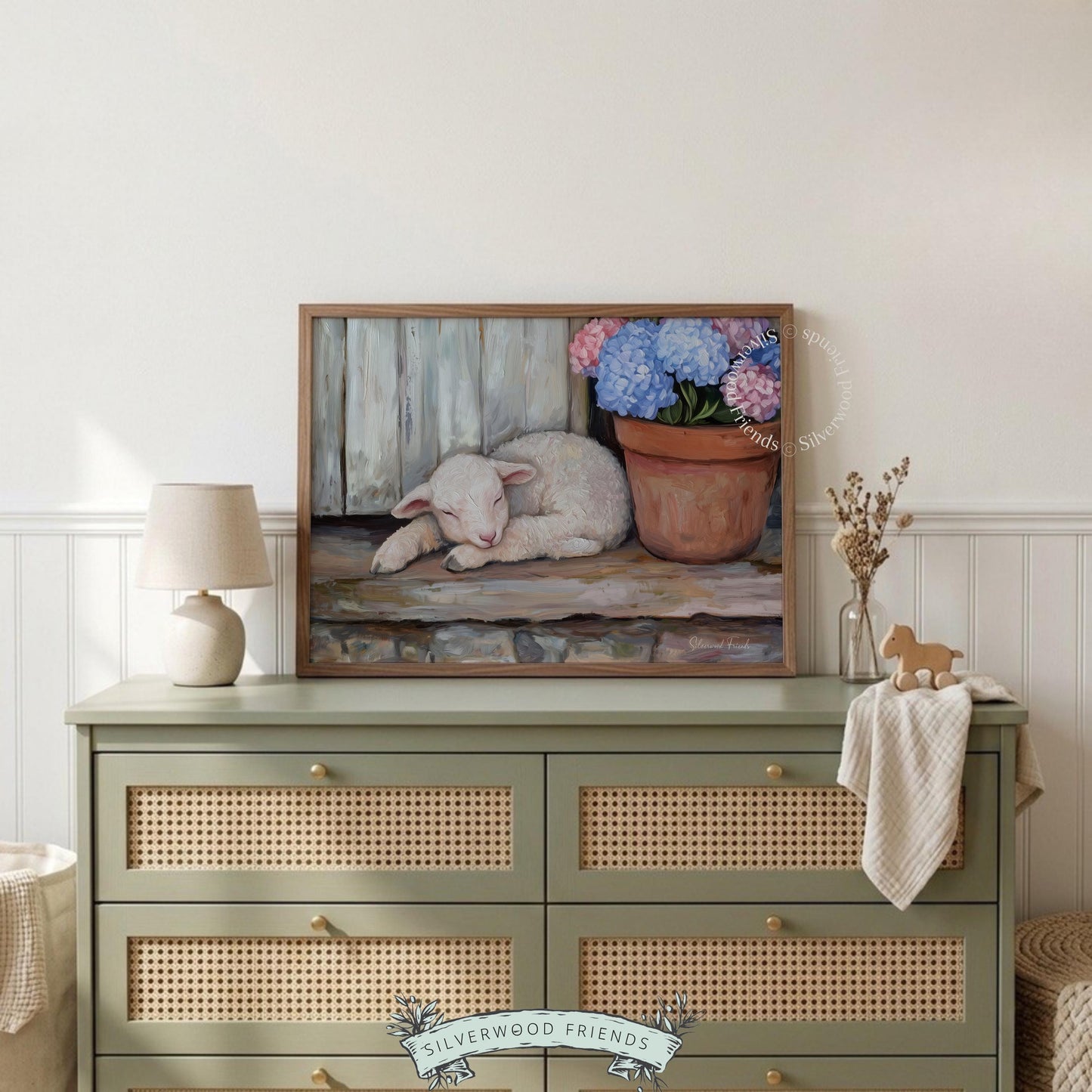 Cozy lamb picture for vintage-inspired hallway — soothing artwork portraying rustic charm with soft colors in a pastoral vibe.