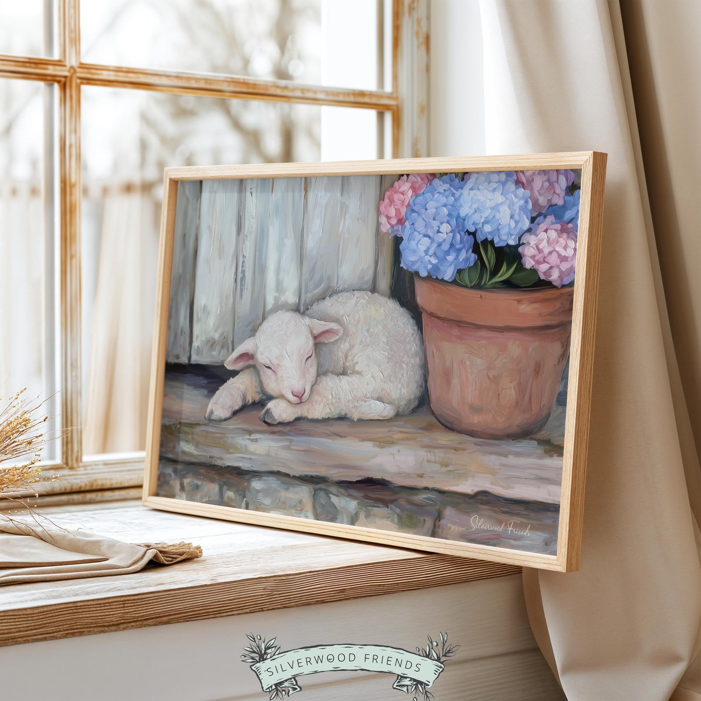 Rustic lamb print for dining space — soothing farmhouse art capturing pastoral charm with soft, gentle brushwork.