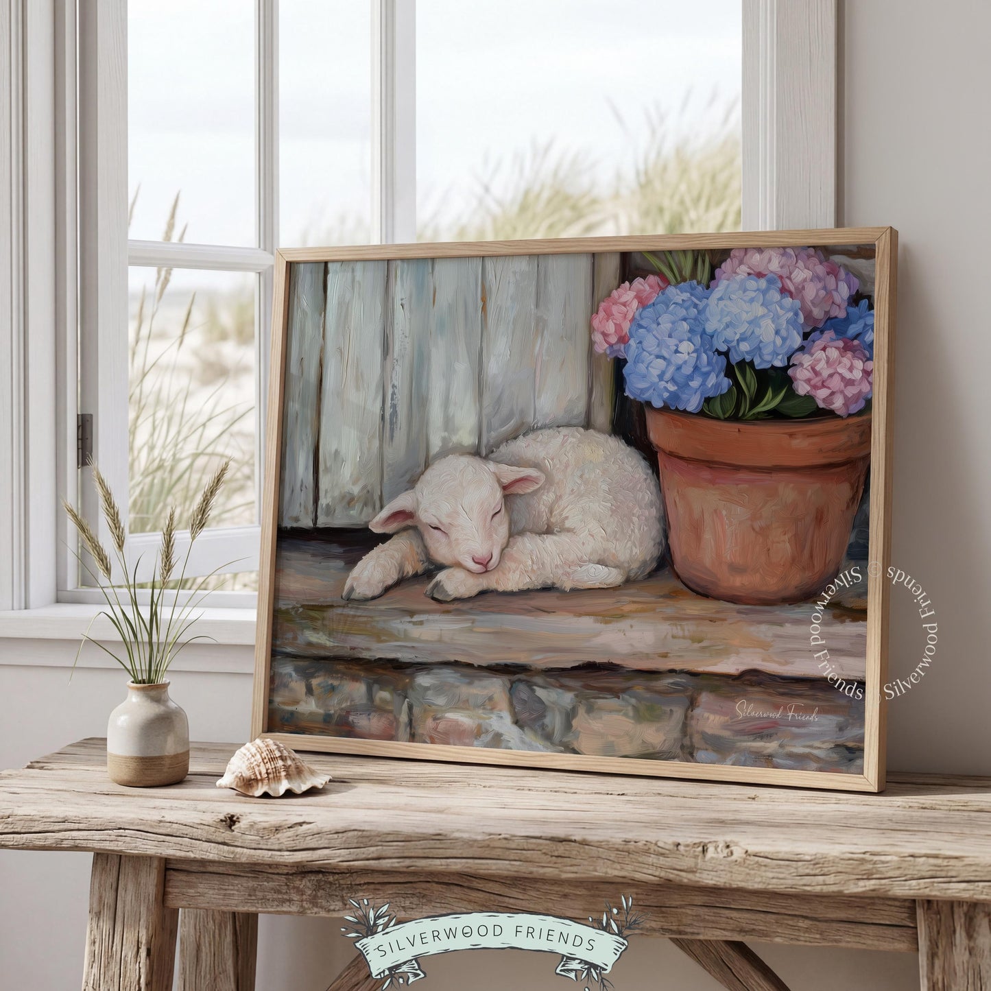 Cozy curled lamb wall art for hallway — soothing tones in an oil painting that evokes a gentle country cottage vibe.