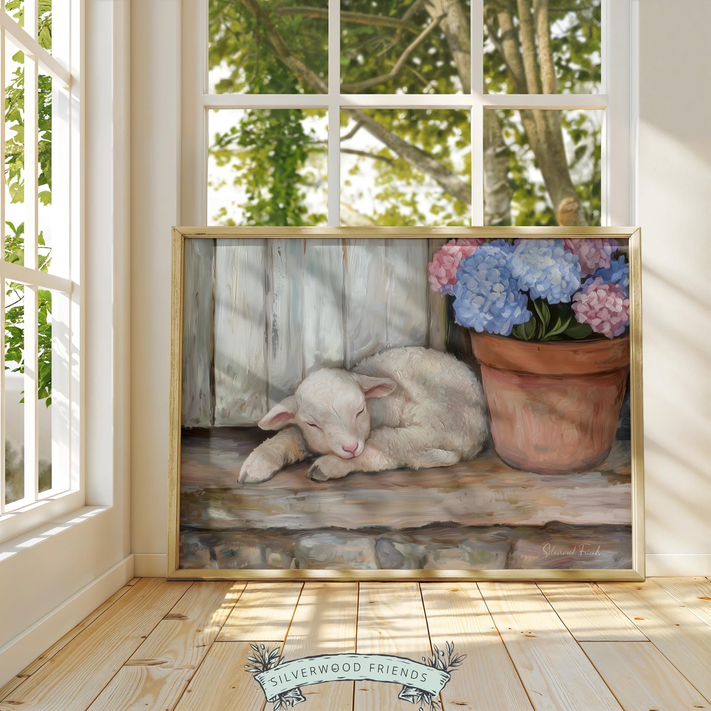 Calm sleeping lamb printable art for living room — inviting atmosphere featuring soft, muted colors and traditional farmhouse feel.