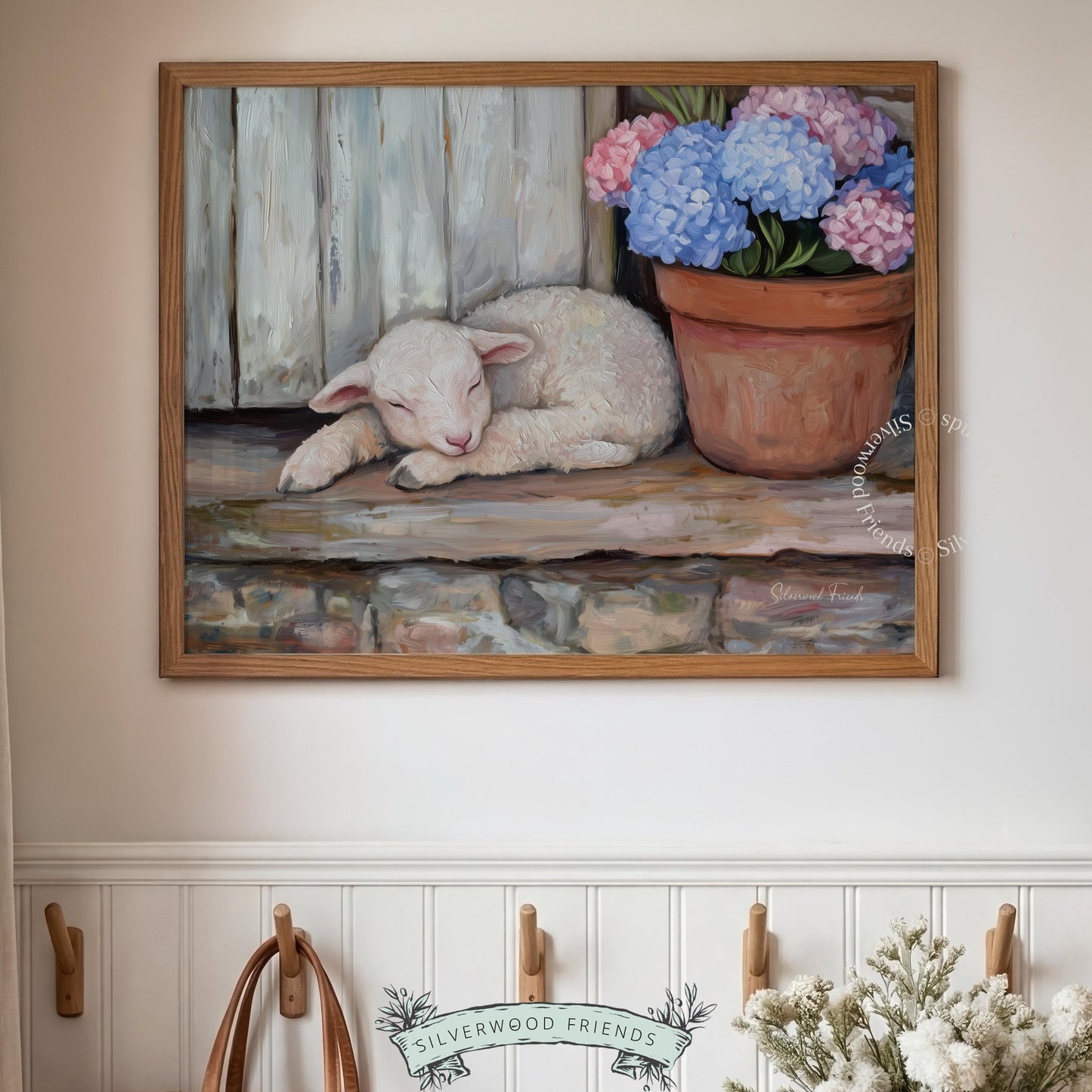 Dreamy curling lamb downloadable art for bedroom — tranquil oil painting offering a calming aesthetic for restful spaces.