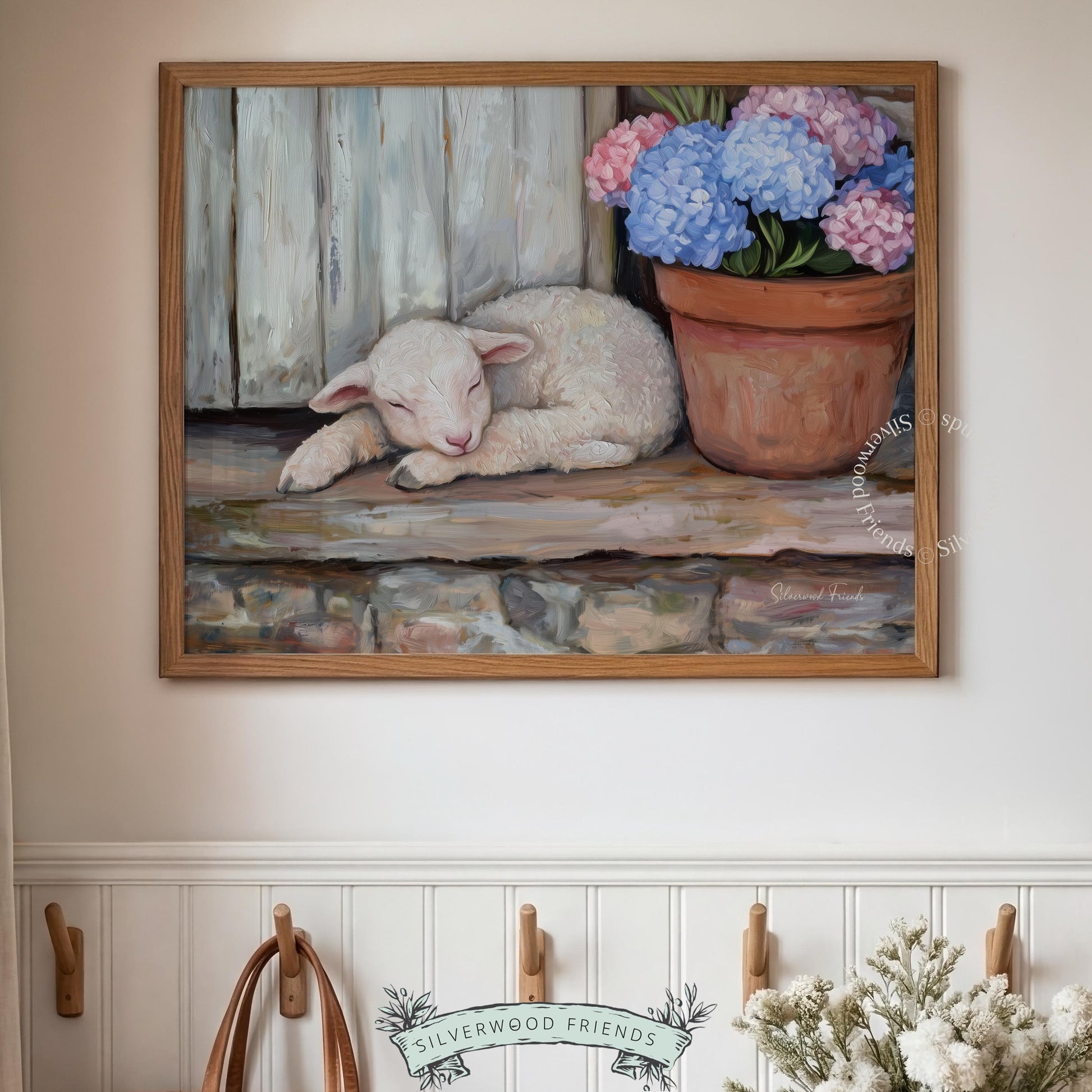 Dreamy curling lamb downloadable art for bedroom — tranquil oil painting offering a calming aesthetic for restful spaces.
