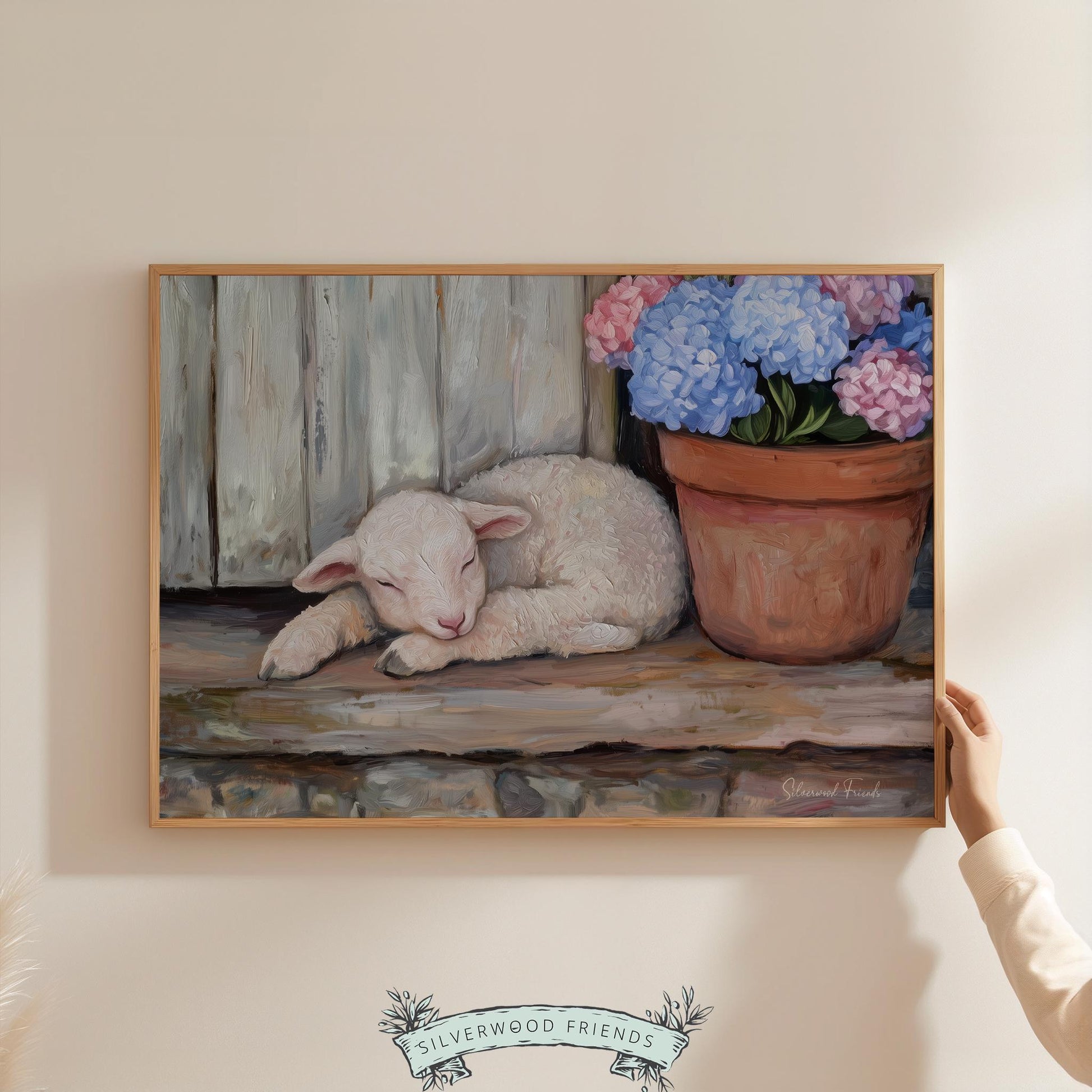 Serene lamb art print for child’s playroom — traditional oil painting showcasing gentle tones and rustic charm.
