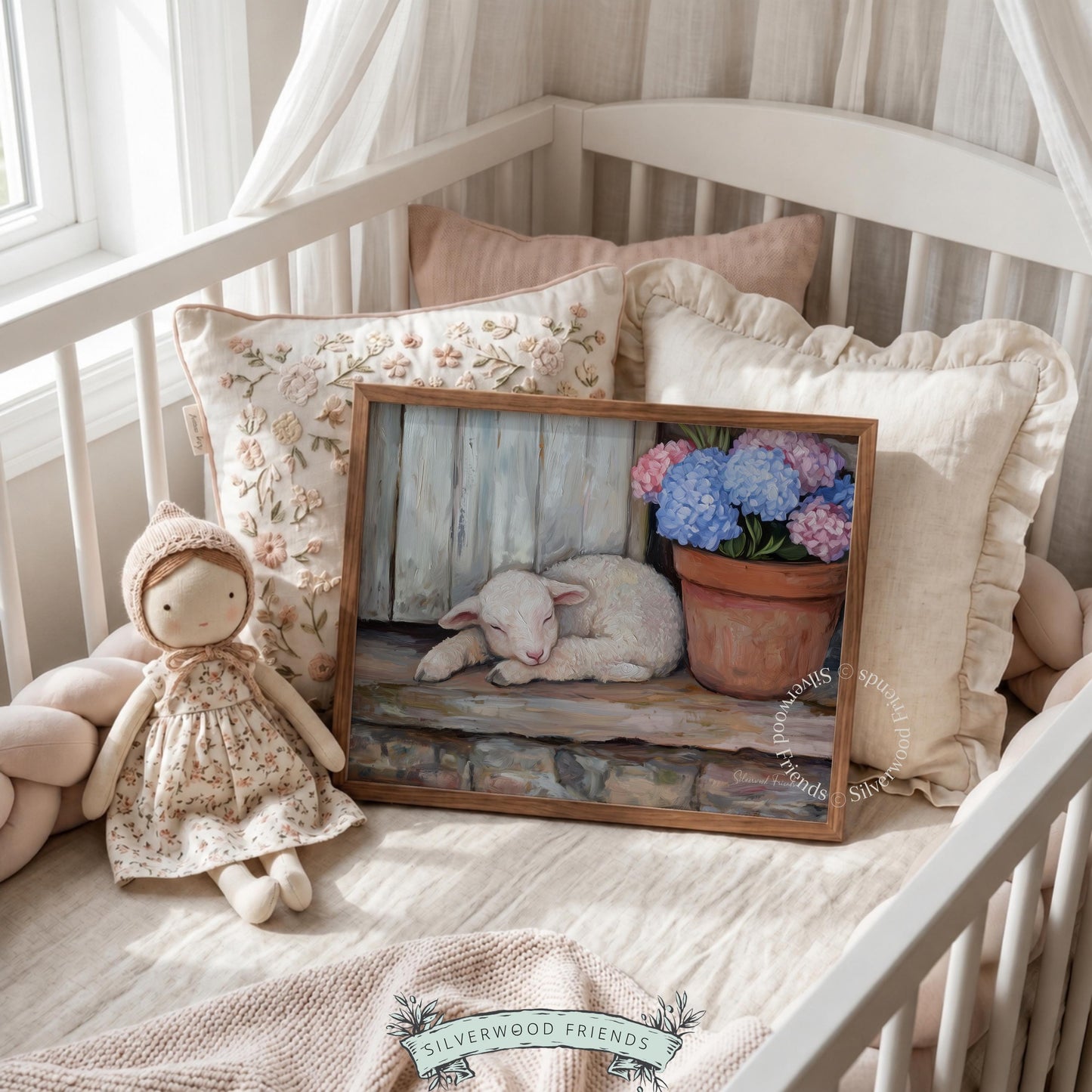 Beautiful lamb oil painting for garden room — serene artwork combining gentle tones and rural charm in a peaceful setting.