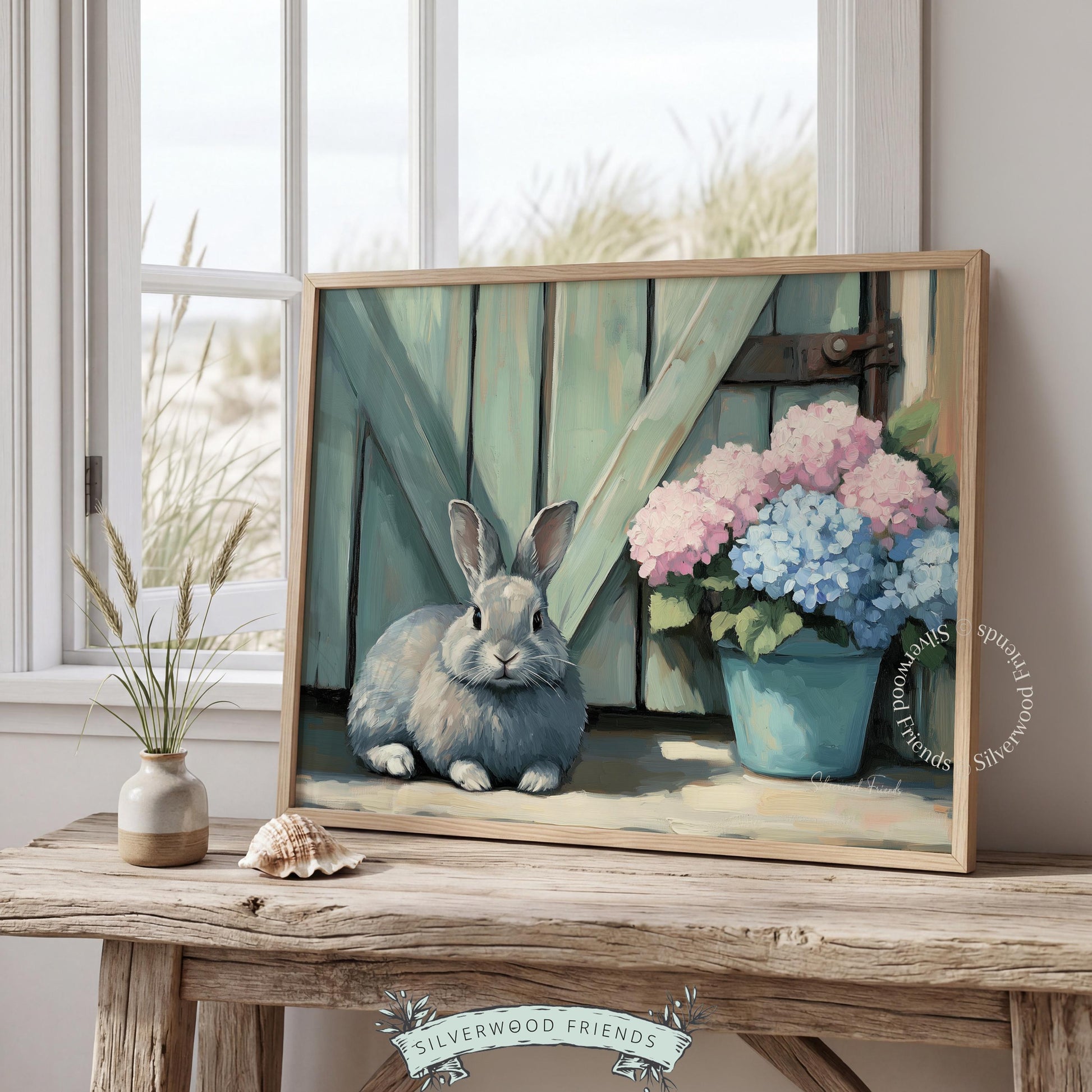 Cute bunny picture for vintage-themed room — soft, serene ambiance enhances rustic farmhouse style with floral accents.