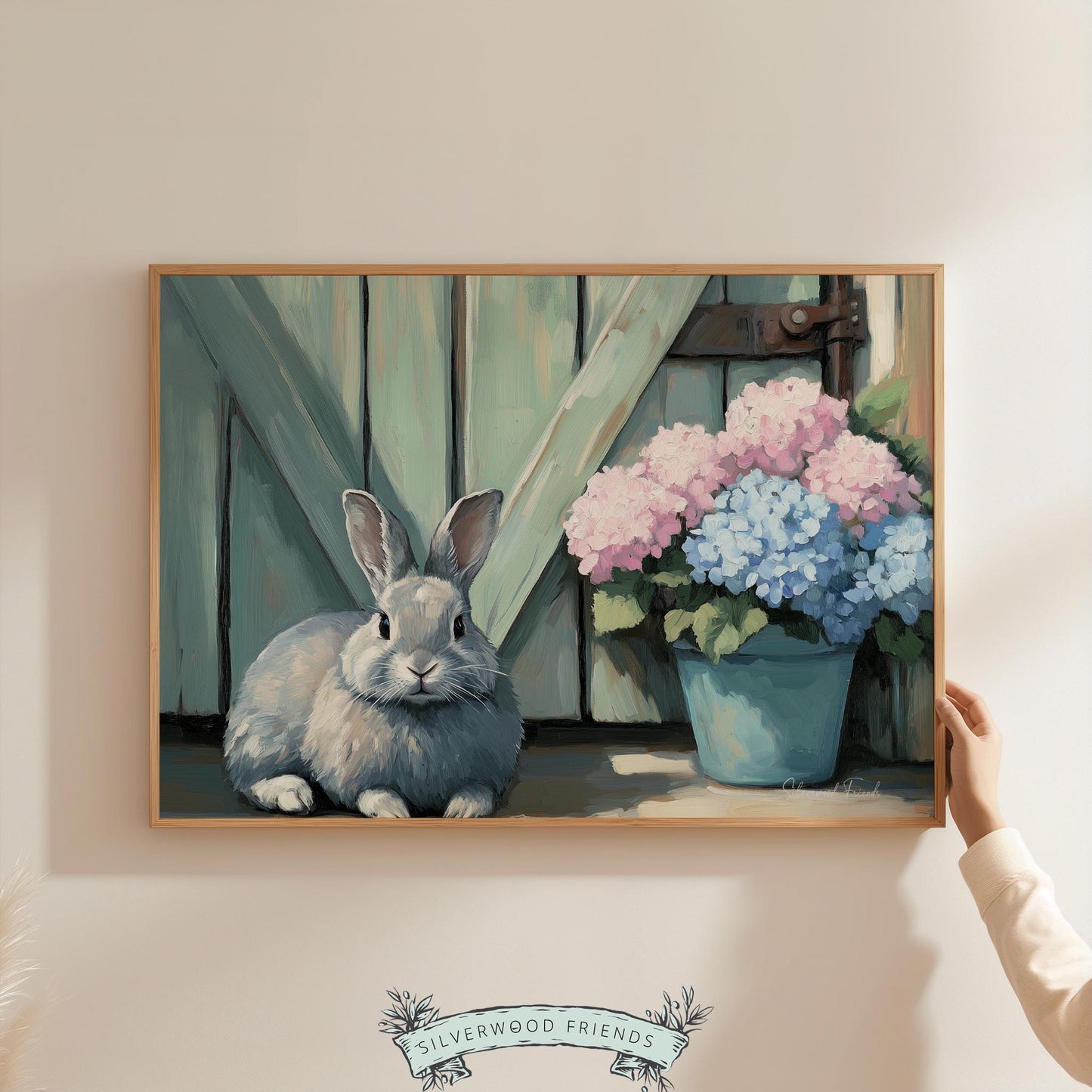 Gentle rabbit digital download for sunroom — rustic artwork featuring floral elements create an inviting atmosphere.