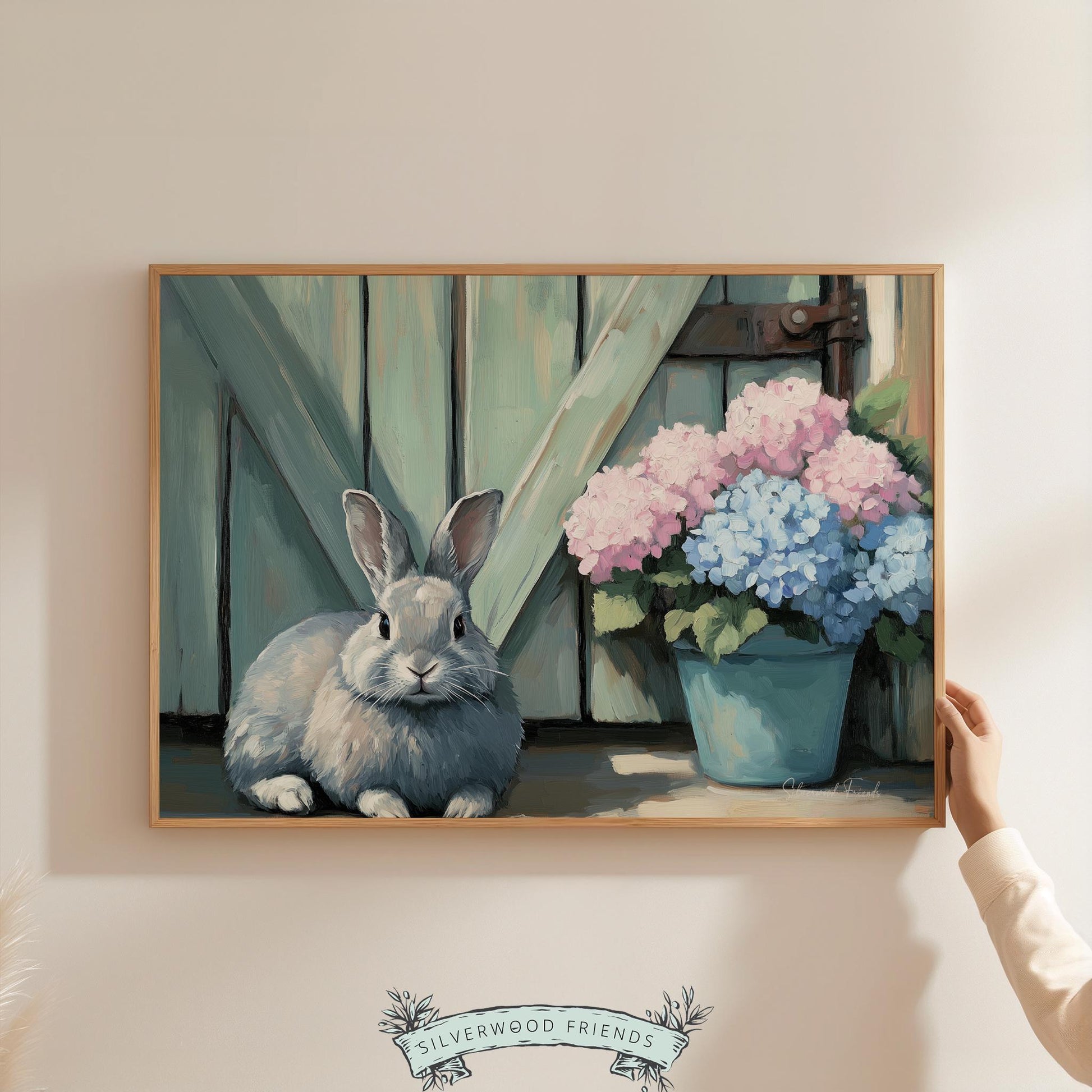 Gentle rabbit digital download for sunroom — rustic artwork featuring floral elements create an inviting atmosphere.