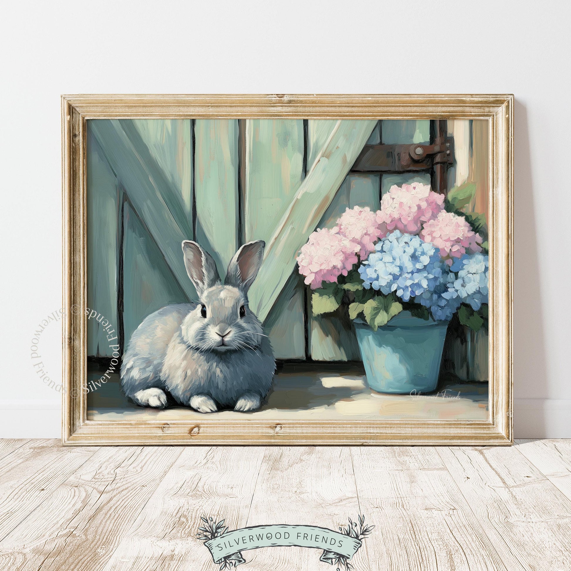 Gray rabbit painting wall art for farmhouse kitchen — soft tones enhance cozy cottage vibes and rural charm.