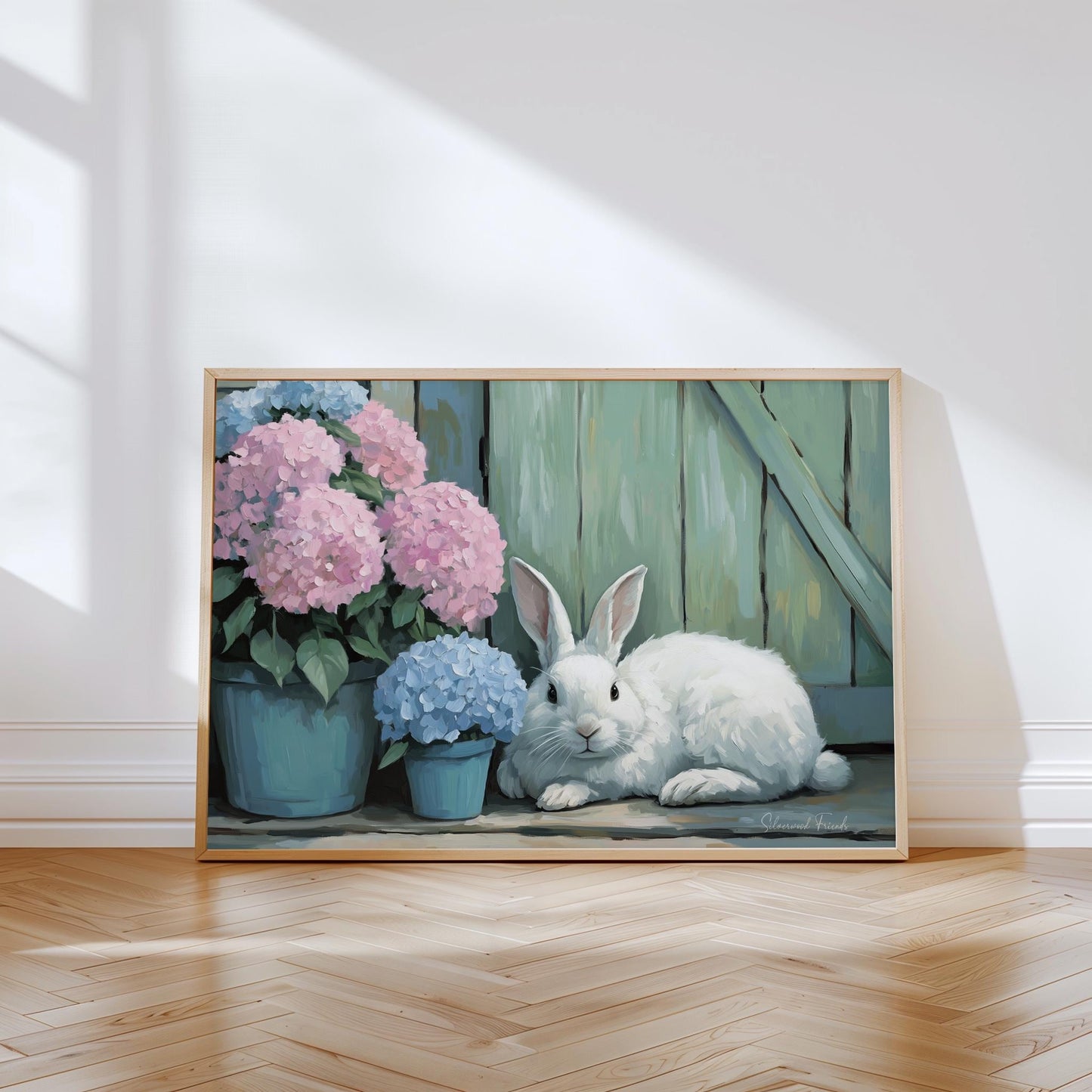 Adorable rabbit painting for entryway—this tranquil artwork features soft colors and a homey aesthetic, inviting spring cheer into your space.