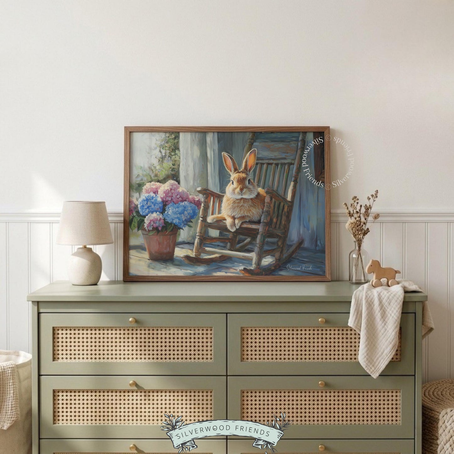 Vintage-style rabbit digital print for dining area — painterly art featuring a serene atmosphere among rustic wood textures.
