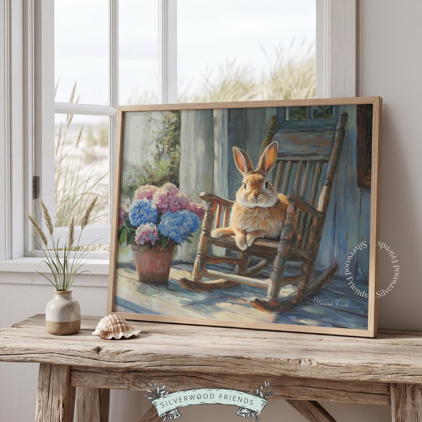 Cozy rabbit oil painting digital print for hallway — warm, vintage-inspired vibes reinforced by rustic wood accents and light.