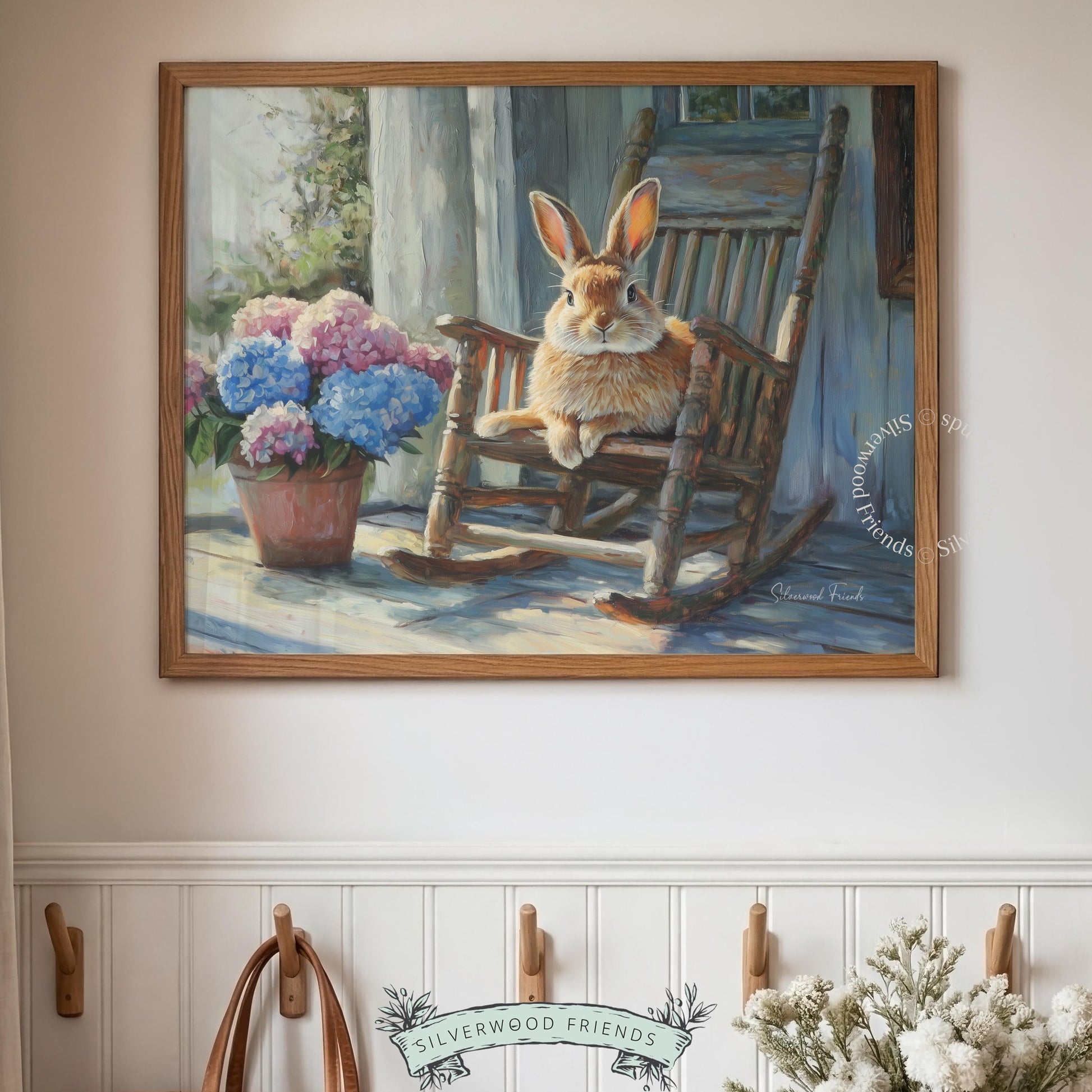 Cute bunny artwork for girl’s playroom — rustic wall print featuring gentle colors that embody cozy cottage charm.