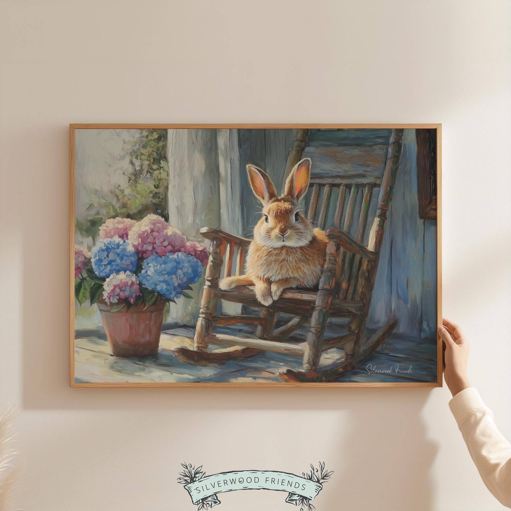 Realistic rabbit printable art for rustic office — soothing imagery with a vintage rocking chair and hydrangeas for a warm feel.