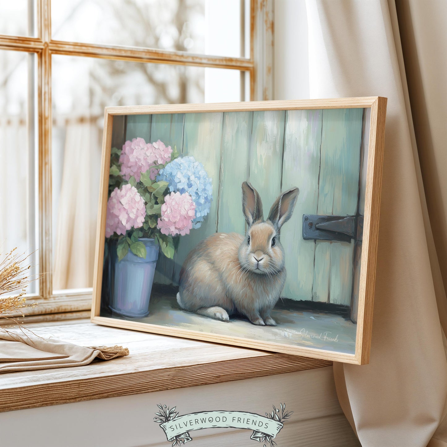 Realistic bunny digital print for children's decor — capturing a cute, pastoral vibe with soft colors and rustic wooden textures