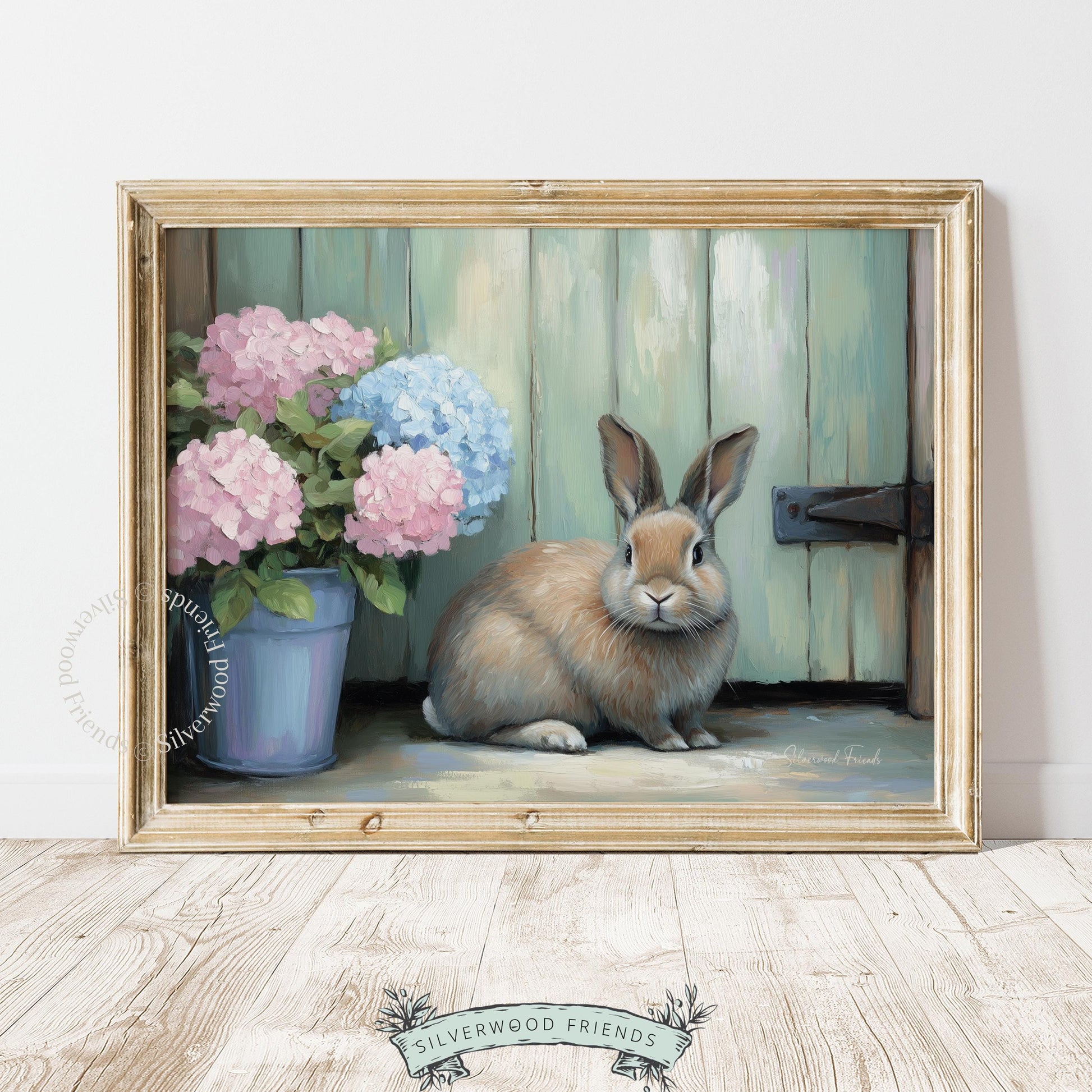 Charming rabbit print wall art for living area — infused with cozy warmth, showcasing hydrangeas and a soft earthy backdrop